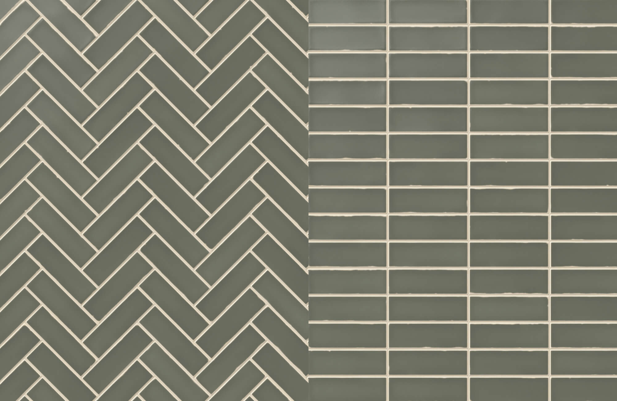 Side-by-side layout of sage green rectangular tiles in herringbone pattern on the left and straight lay pattern on the right.