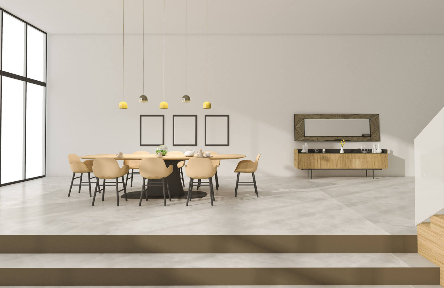 A spacious modern dining room featuring an oval wood table, beige chairs, large windows, and minimal decor in a bright open layout.