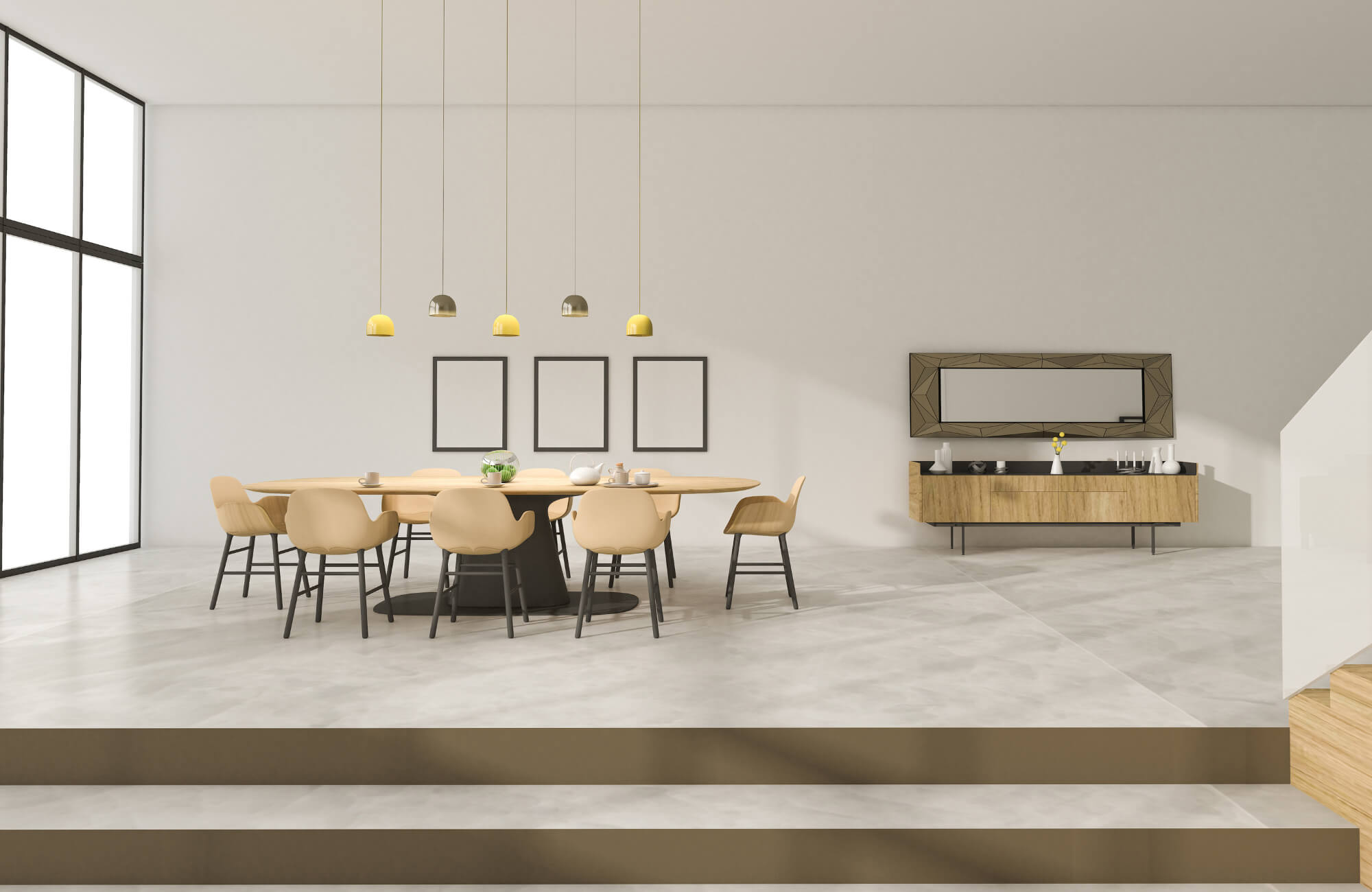 A spacious modern dining room featuring an oval wood table, beige chairs, large windows, and minimal decor in a bright open layout.