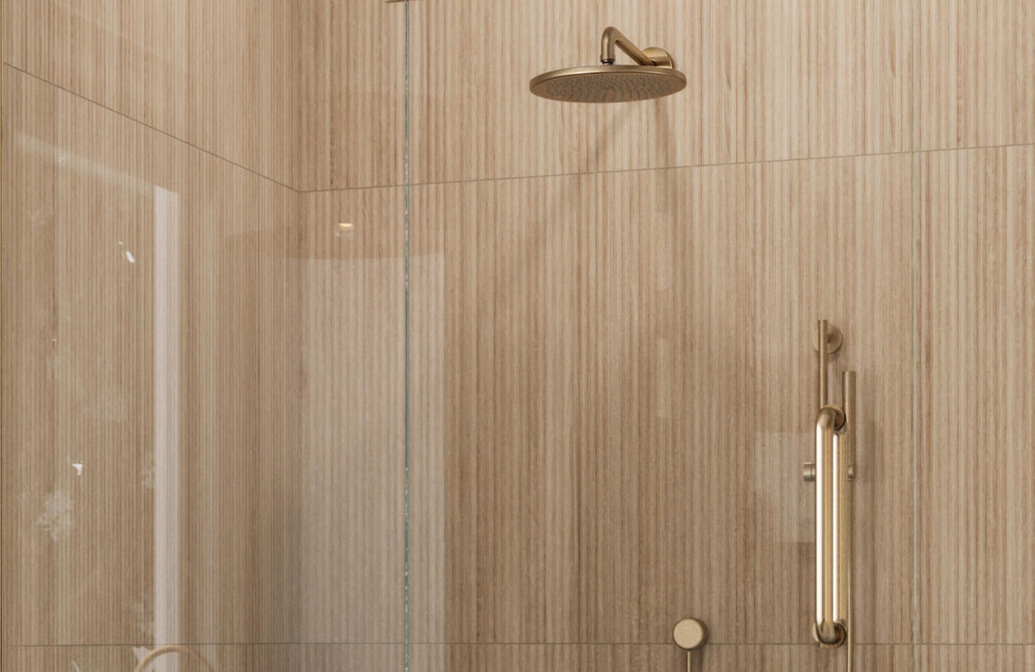 Brown vertical ceramic wood-look tiles in a sleek shower space with brass fixtures and a minimalist glass door.