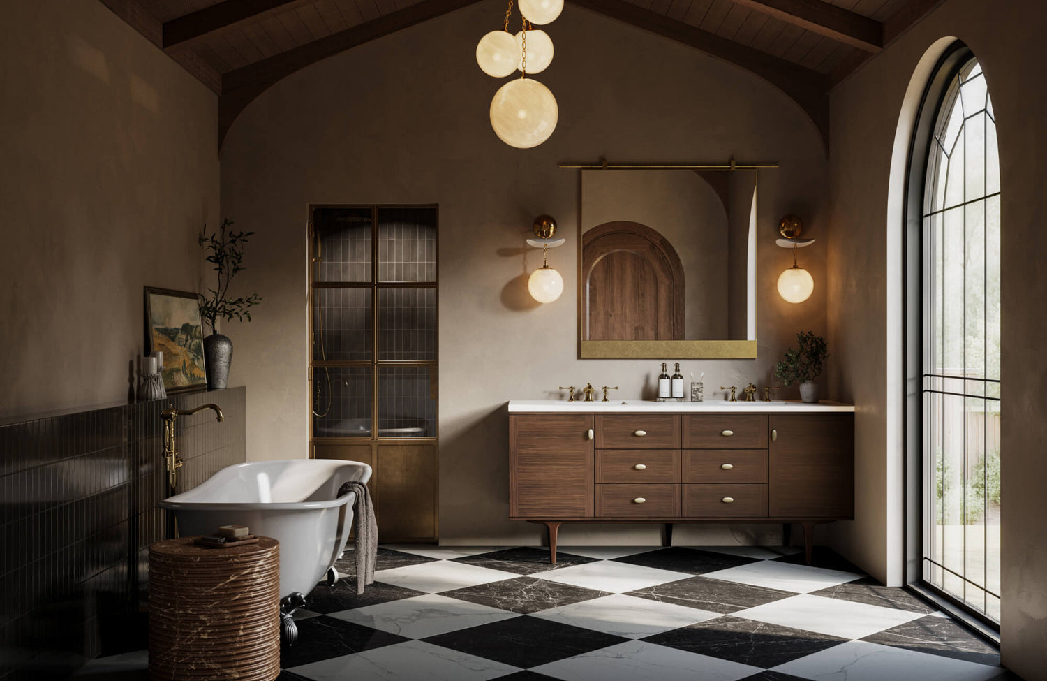 Elegant bathroom with checkerboard marble flooring, freestanding tub, wood vanity, brass accents, and arched window lighting the space.