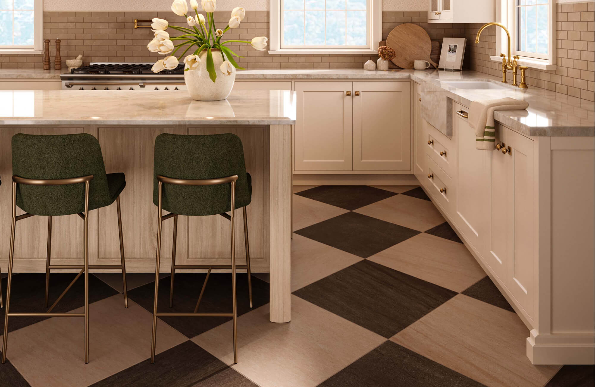 Transitional kitchen with marble countertops, brass faucet, light wood island, black upholstered bar stools, beige subway tile backsplash, and large format black and white checkered flooring.