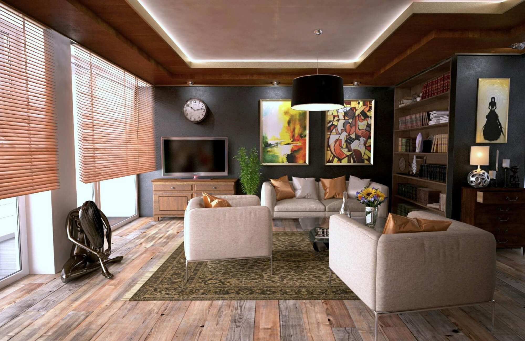 Cozy living room with olive green patterned polyester rug on rustic wood flooring, warm lighting and modern wall art accents