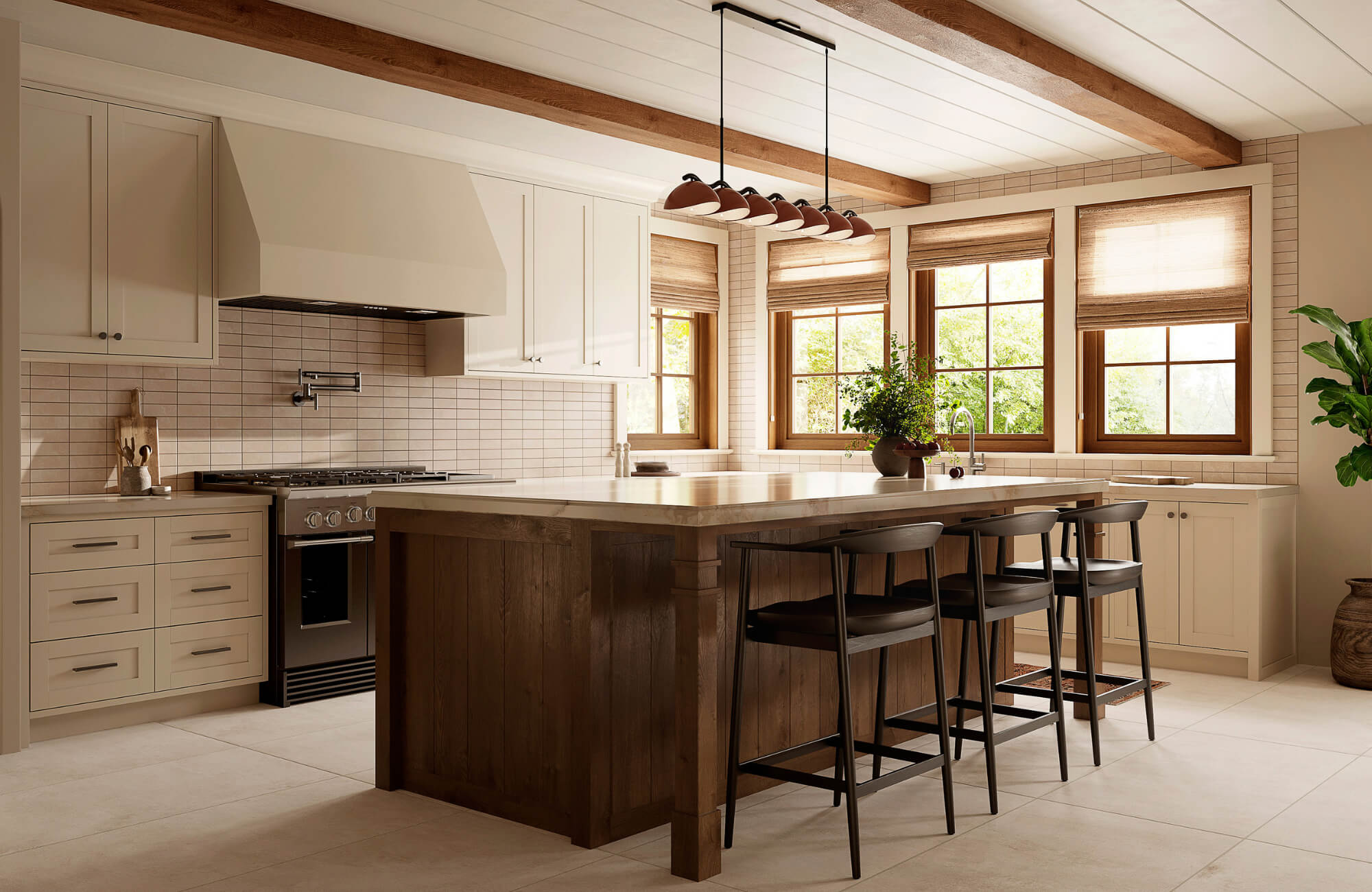 Modern farmhouse kitchen with a wood island, black metal stools, white cabinetry, and warm natural light for a balanced, functional look.
