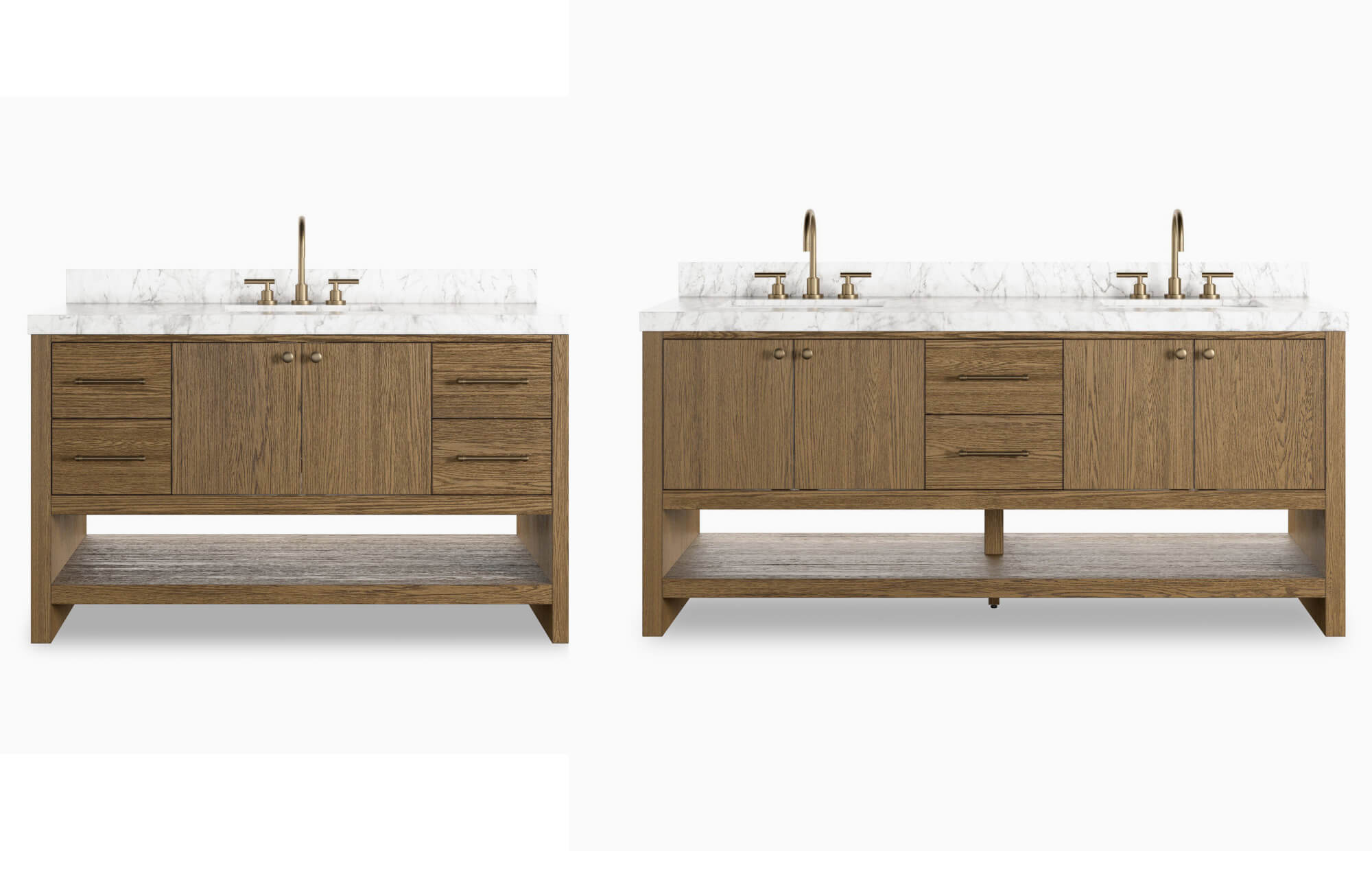 Side-by-side single and double sink vanities in natural oak with marble tops and brass fixtures.