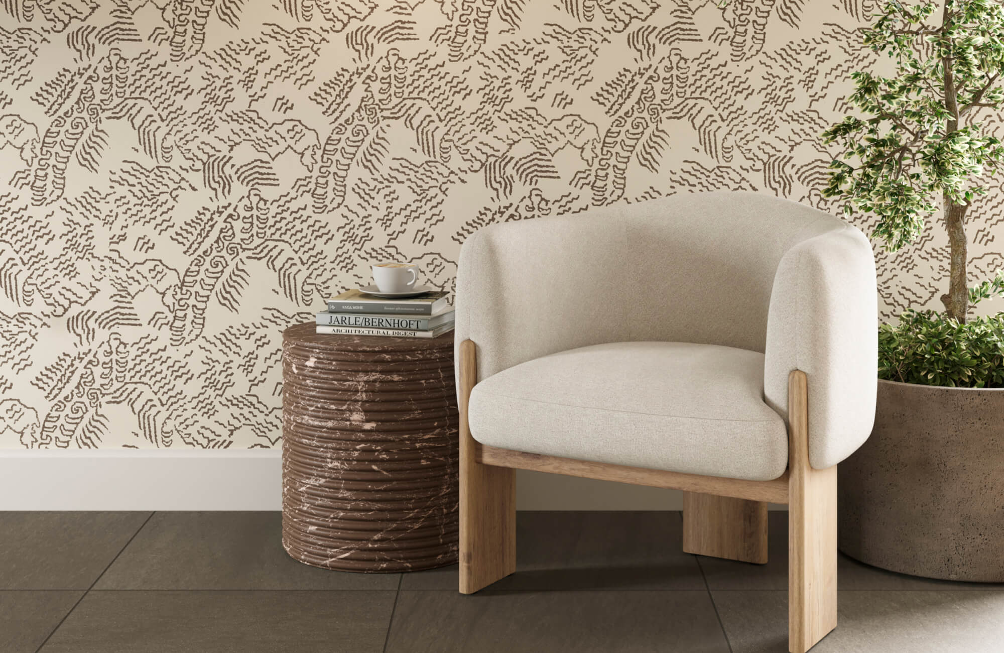 Light-patterned wallpaper in neutral tones brightens the sitting area with soft contrast and subtle texture.