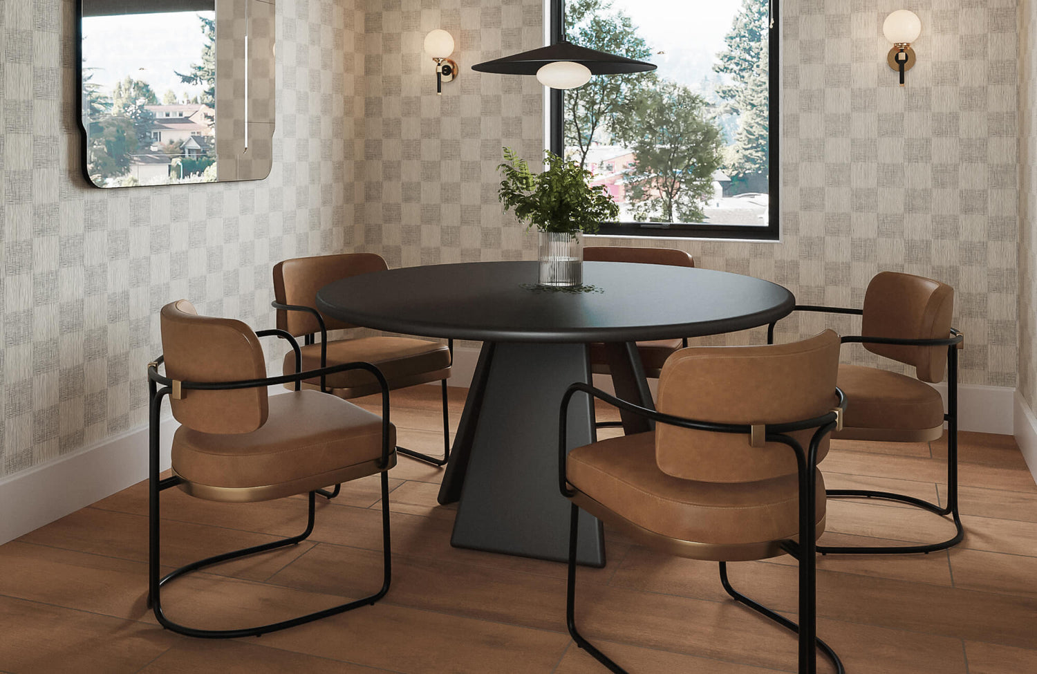 Warm modern dining nook featuring textured neutral checker tile walls, wood look tile floors, and a round black table with tan chairs.