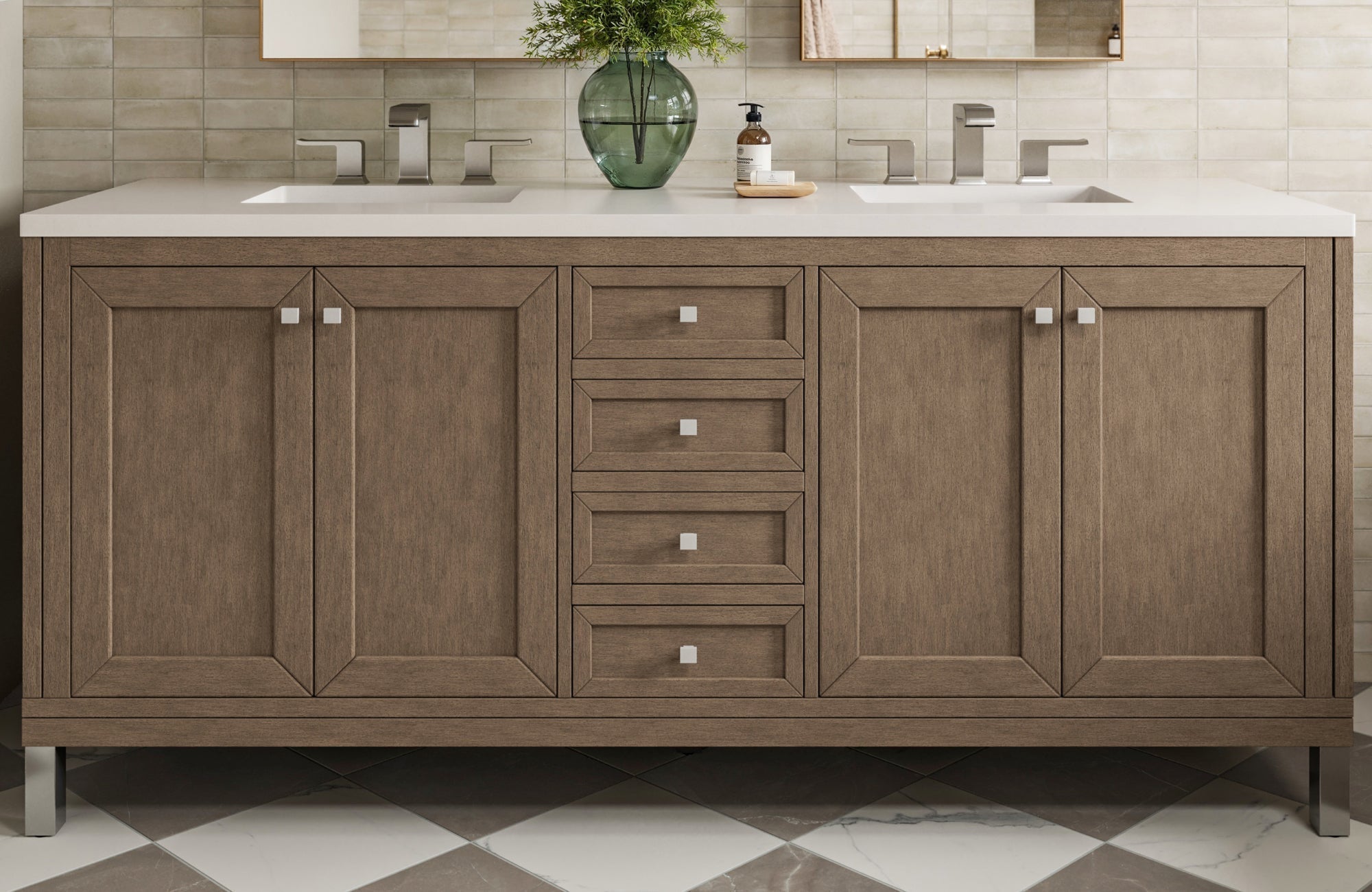 Double sink vanity in cocoa wood finish with shaker-style doors, white quartz top, and square hardware on checkerboard flooring.
