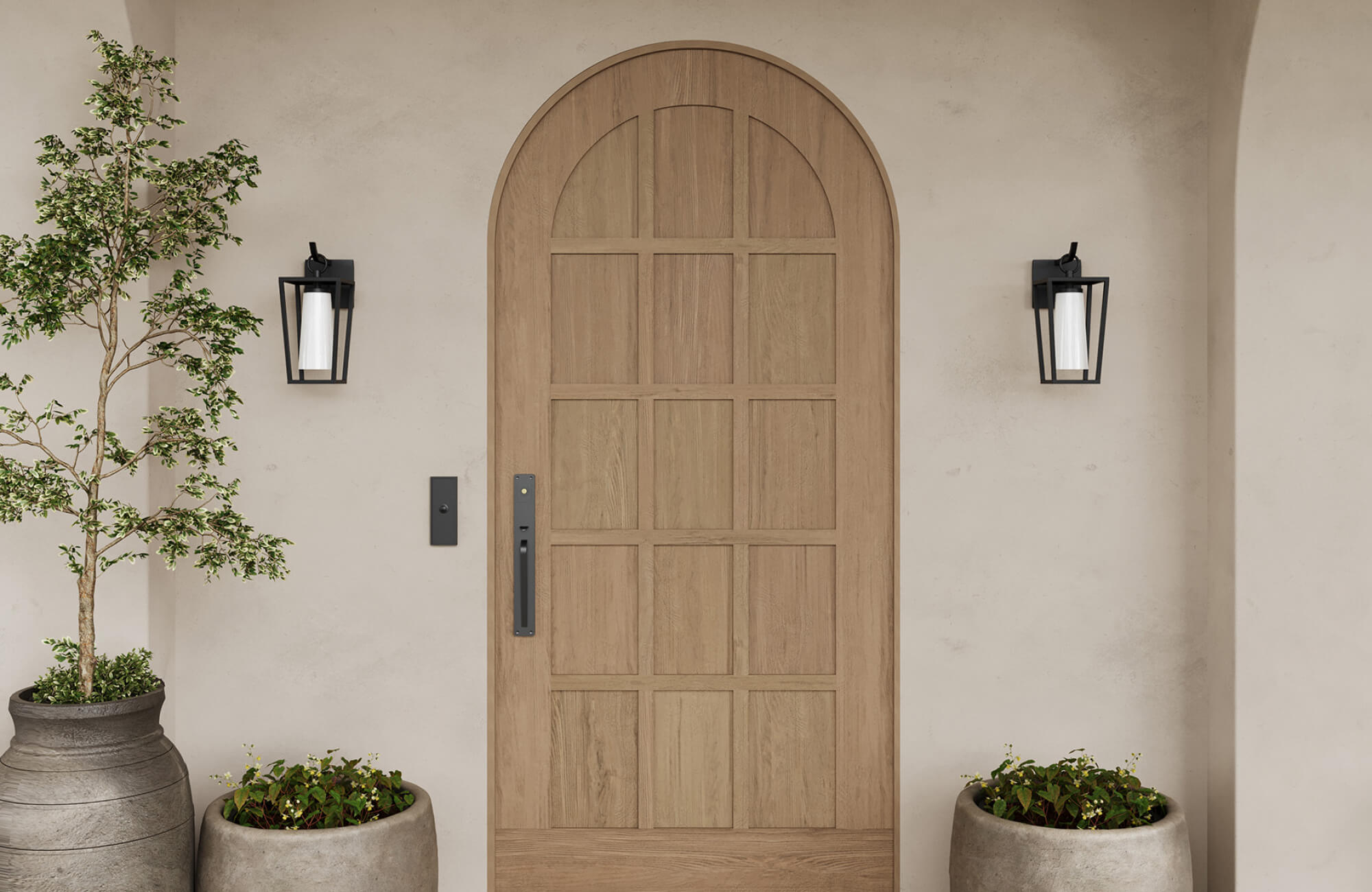 Exterior wall lights flanking an arched wooden entry door, adding symmetry and soft illumination to a textured stucco façade.
