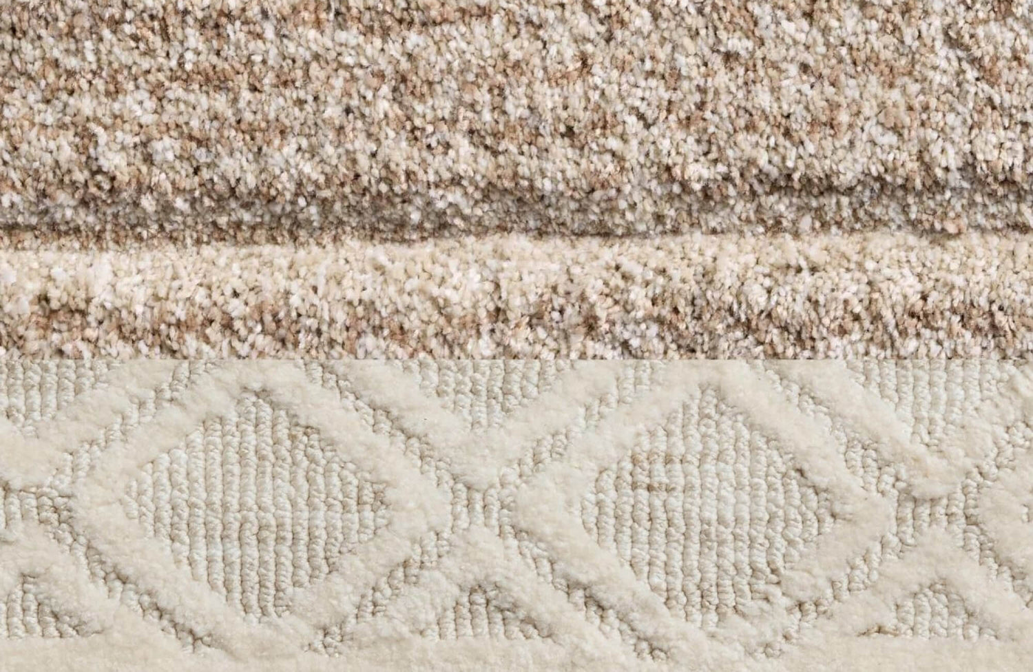 Comparison of polypropylene and polyester rugs in warm beige and taupe tones, including a speckled plush style and a geometric diamond-patterned loop pile.