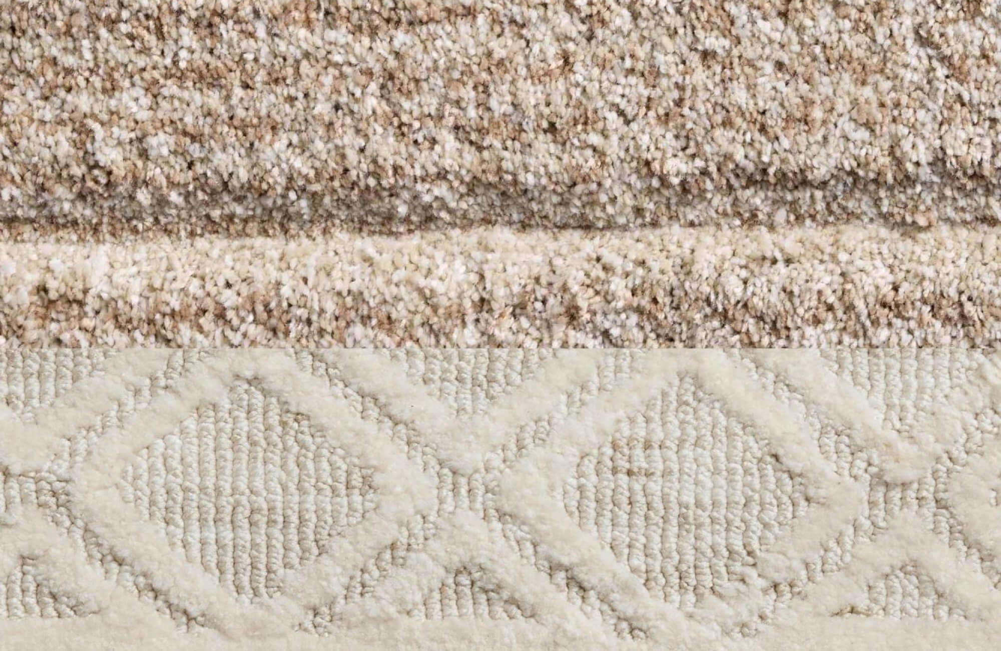 Comparison of polypropylene and polyester rugs in warm beige and taupe tones, including a speckled plush style and a geometric diamond-patterned loop pile.