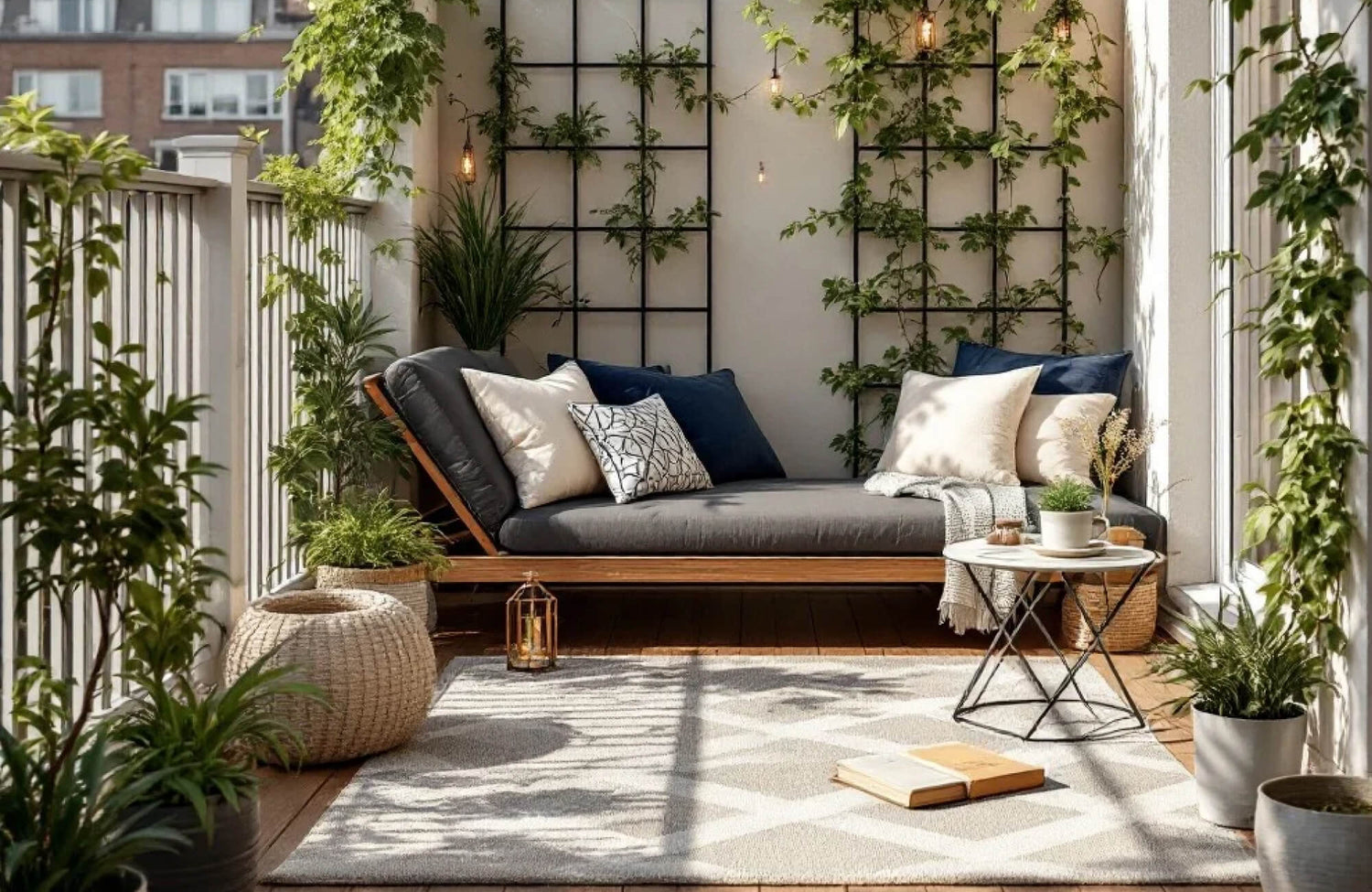 A serene balcony with a geometric-patterned polypropylene rug, cozy lounge seating, lush greenery, and warm hanging lights, perfect for relaxation.
