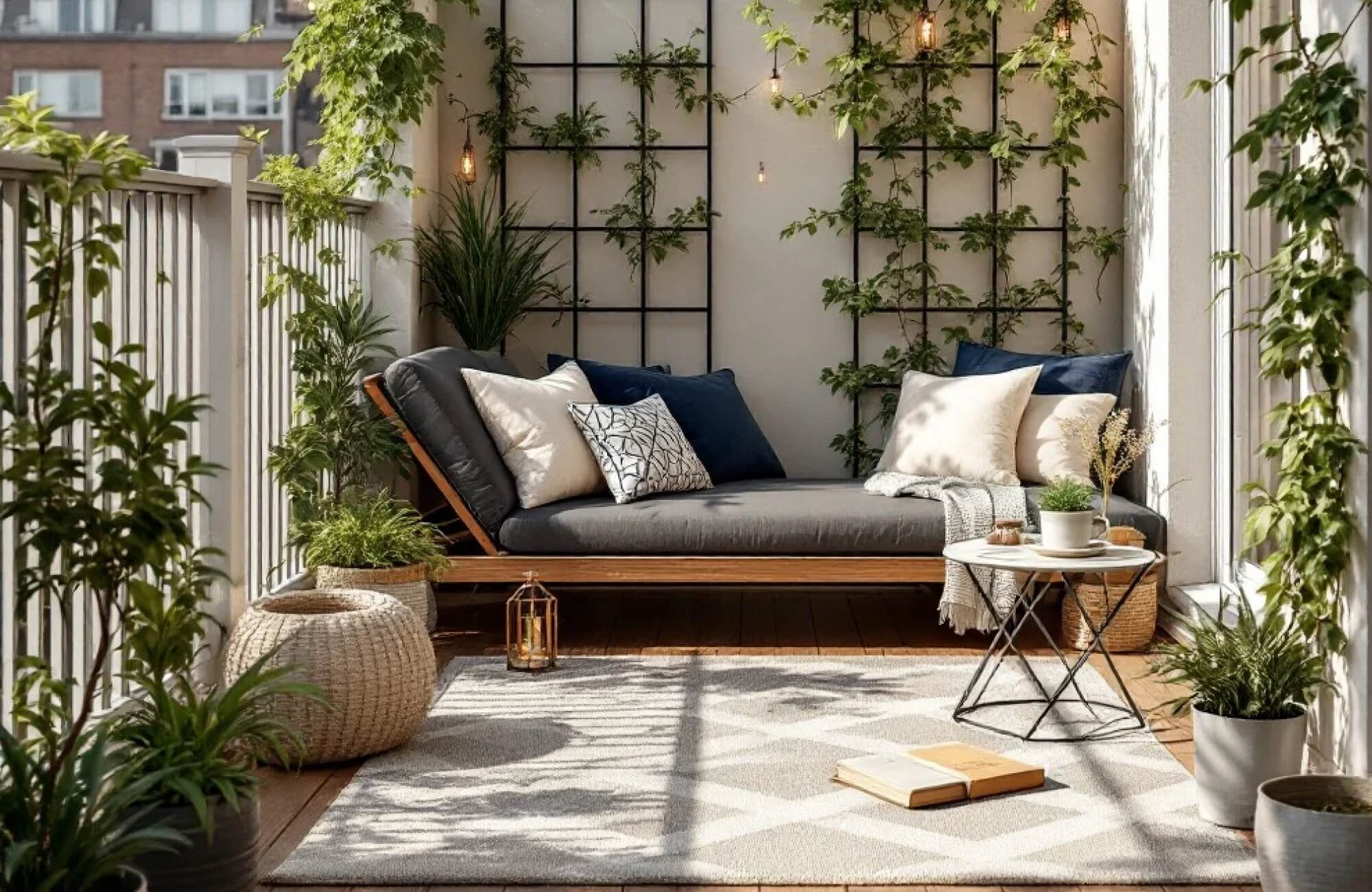 A serene balcony with a geometric-patterned polypropylene rug, cozy lounge seating, lush greenery, and warm hanging lights, perfect for relaxation.