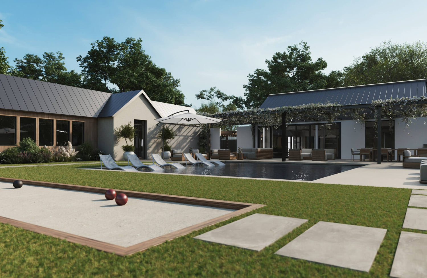 Modern backyard with a pool, lounge chairs, pergola-covered patio, bocce court, and large porcelain pavers set in a grassy lawn.