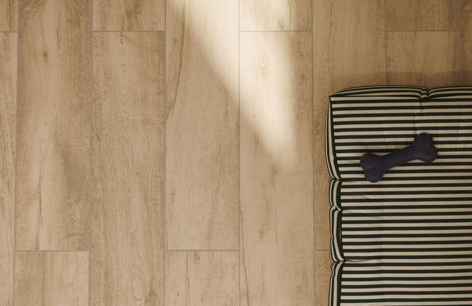 Wood-look tile flooring with natural grain variation and plank layout, creating a warm and realistic hardwood-inspired surface.