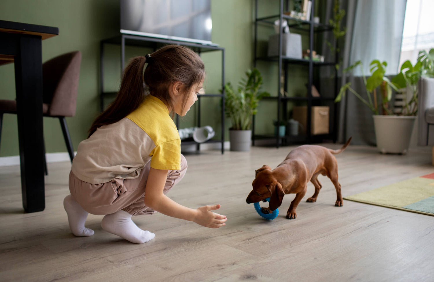 Kid interacting with a dog on a clean floor in a cozy space with child-friendly wallpaper, highlighting a home designed for everyday family life