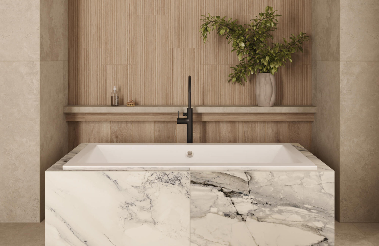 Modern bathroom with a marble-clad bathtub, wood-look tile accent wall, matte black faucet, and a vase of greenery on a shelf.