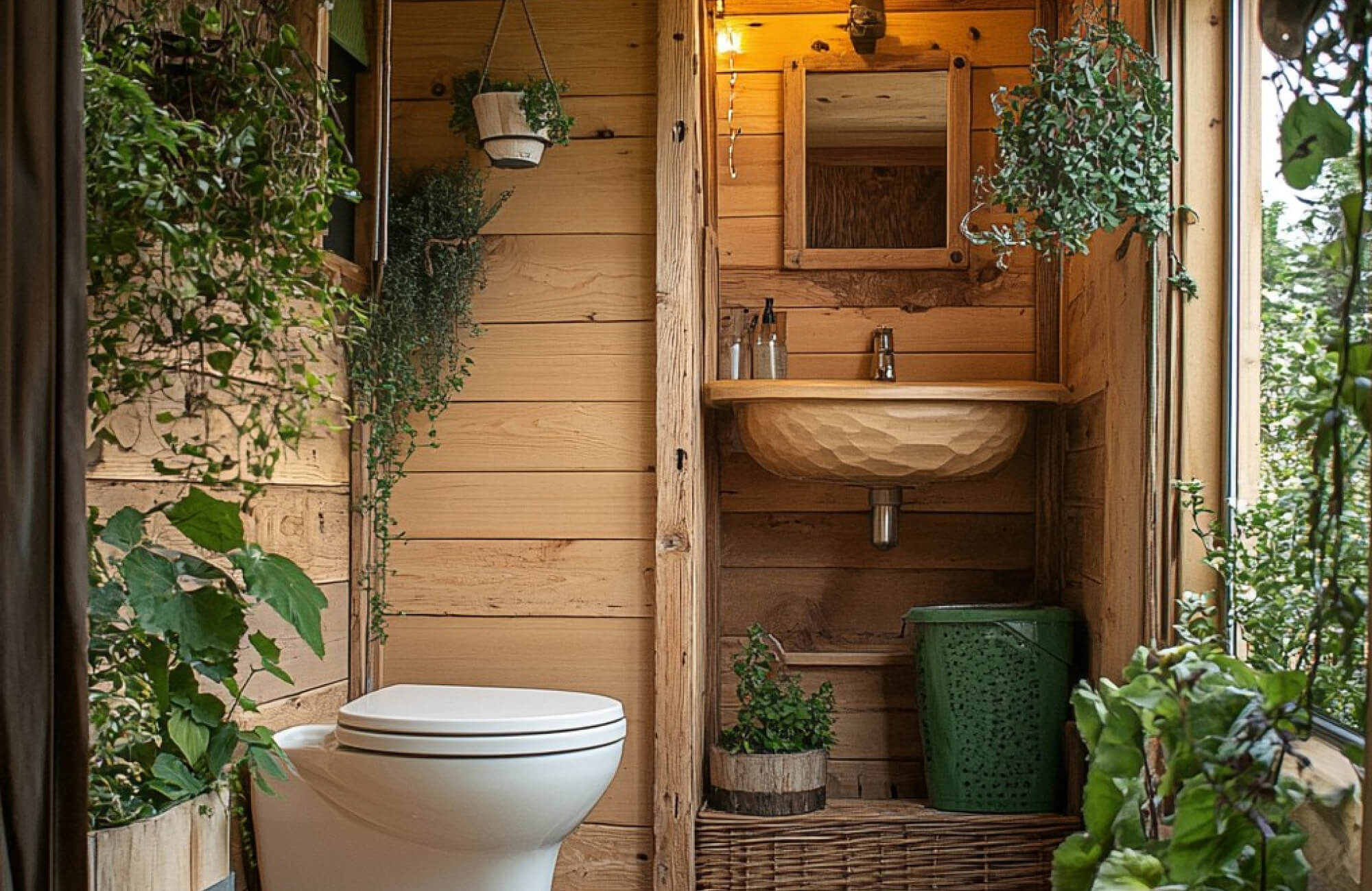 Rustic bathroom with natural wood walls, hanging greenery, and a handcrafted sink, creating a cozy, nature-inspired retreat.