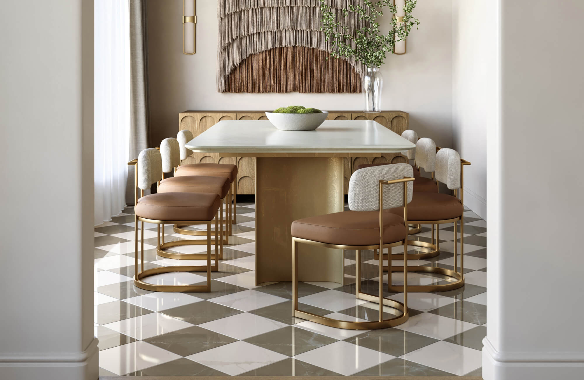 Glossy checkerboard floor tiles in beige and ivory add depth and elegance to a modern dining room with gold-accented chairs and a sculptural table.