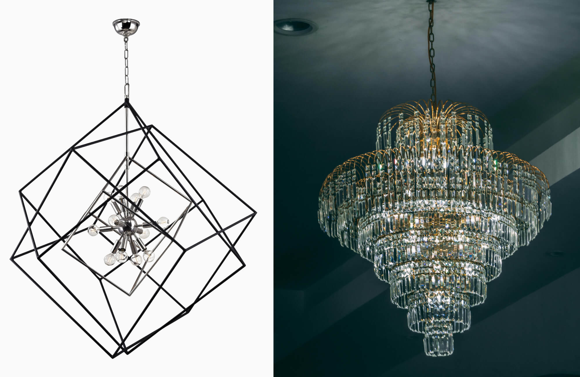 A modern geometric chandelier on the left and a traditional tiered crystal chandelier on the right.