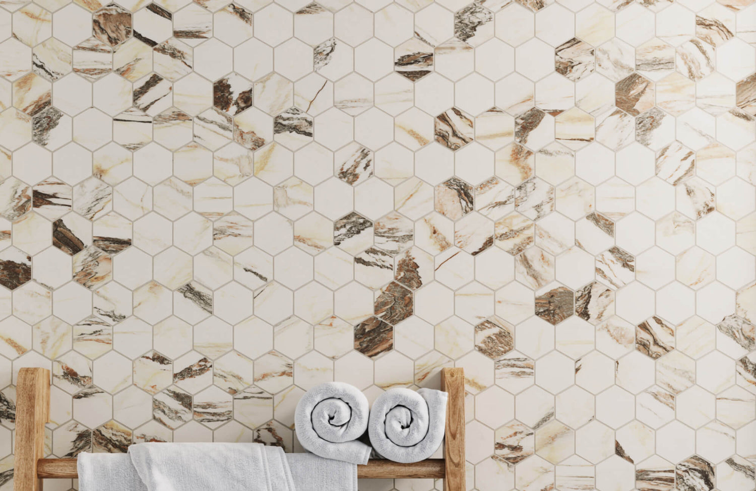 Elegant bathroom featuring a mosaic tile backsplash with hexagonal marble-patterned tiles in warm beige and brown tones, adding a luxurious and textured visual appeal.