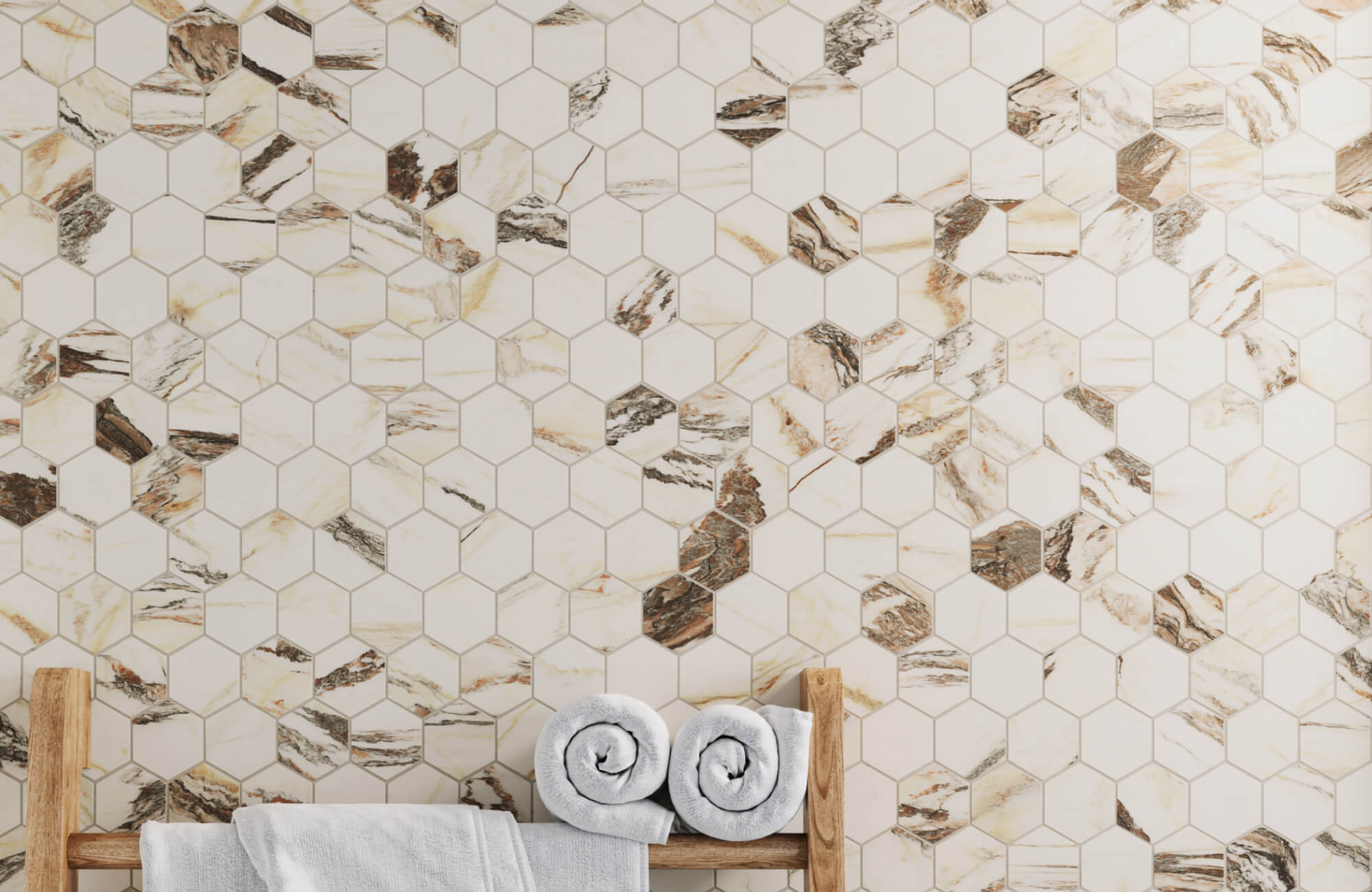 Elegant bathroom featuring a mosaic tile backsplash with hexagonal marble-patterned tiles in warm beige and brown tones, adding a luxurious and textured visual appeal.