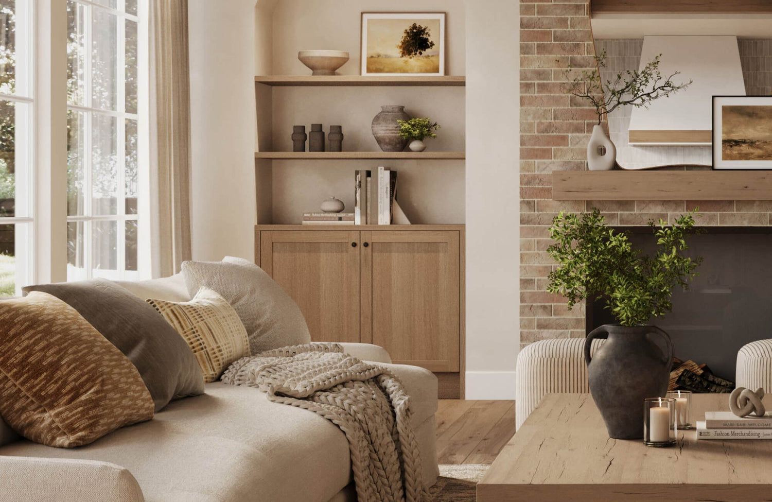 Neutral living room with layered throw pillows, textured blanket, built-in shelving, wood coffee table, brick fireplace, and soft natural light.