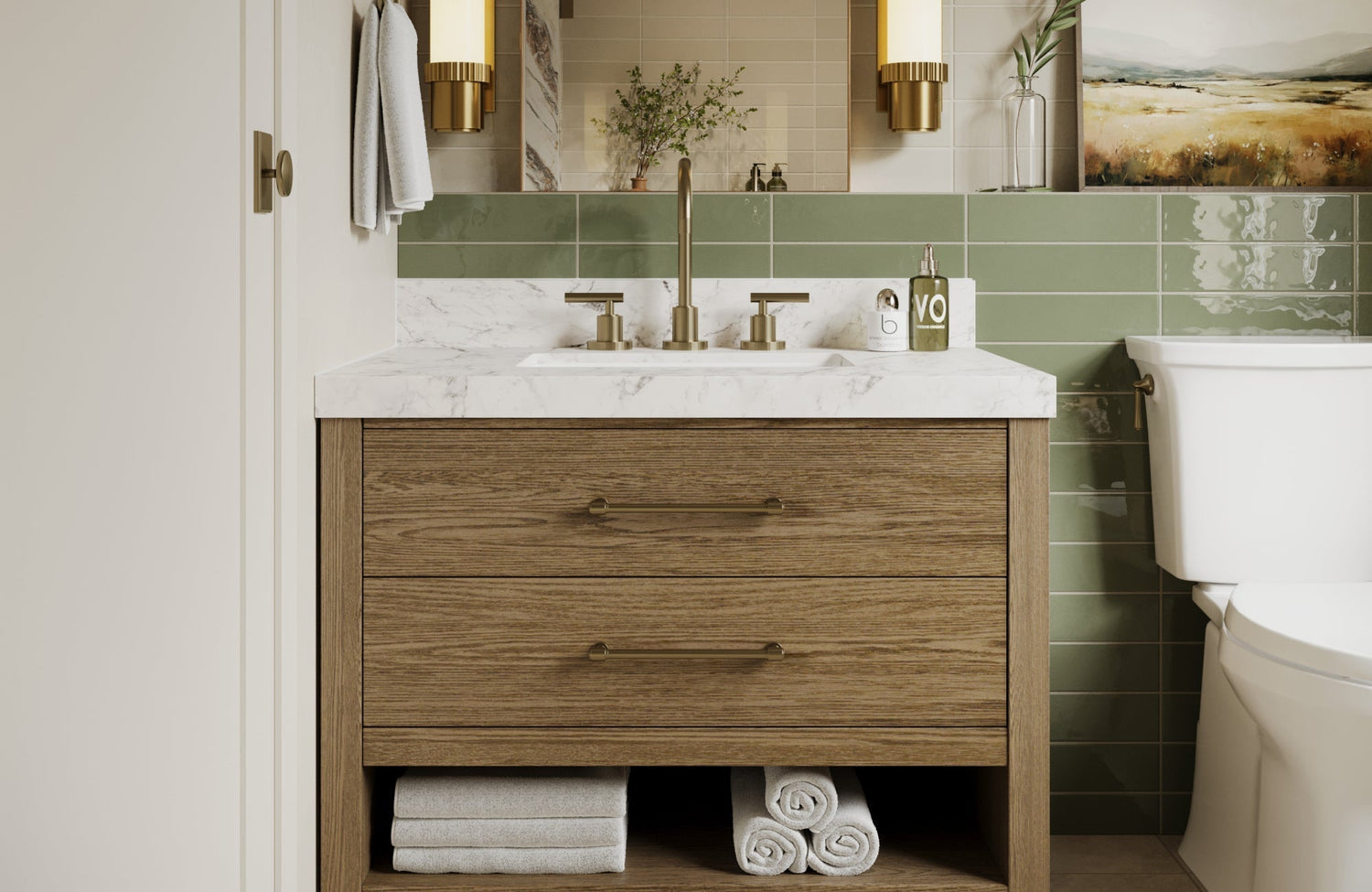 A wood vanity is placed flush against the wall, paired with green tile and brass fixtures, in a compact bathroom layout.