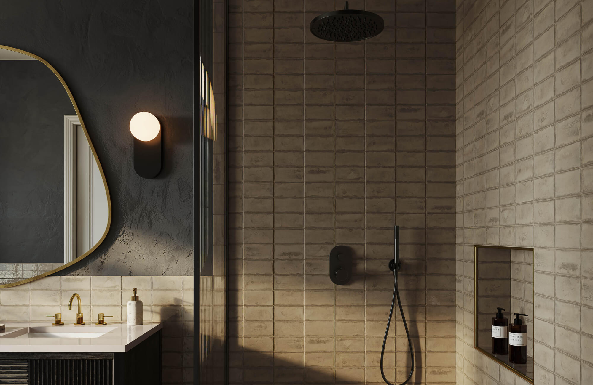 Dark-toned bathroom wall tiles create depth and contrast, paired with matte finishes and modern fixtures for a moody, refined look.