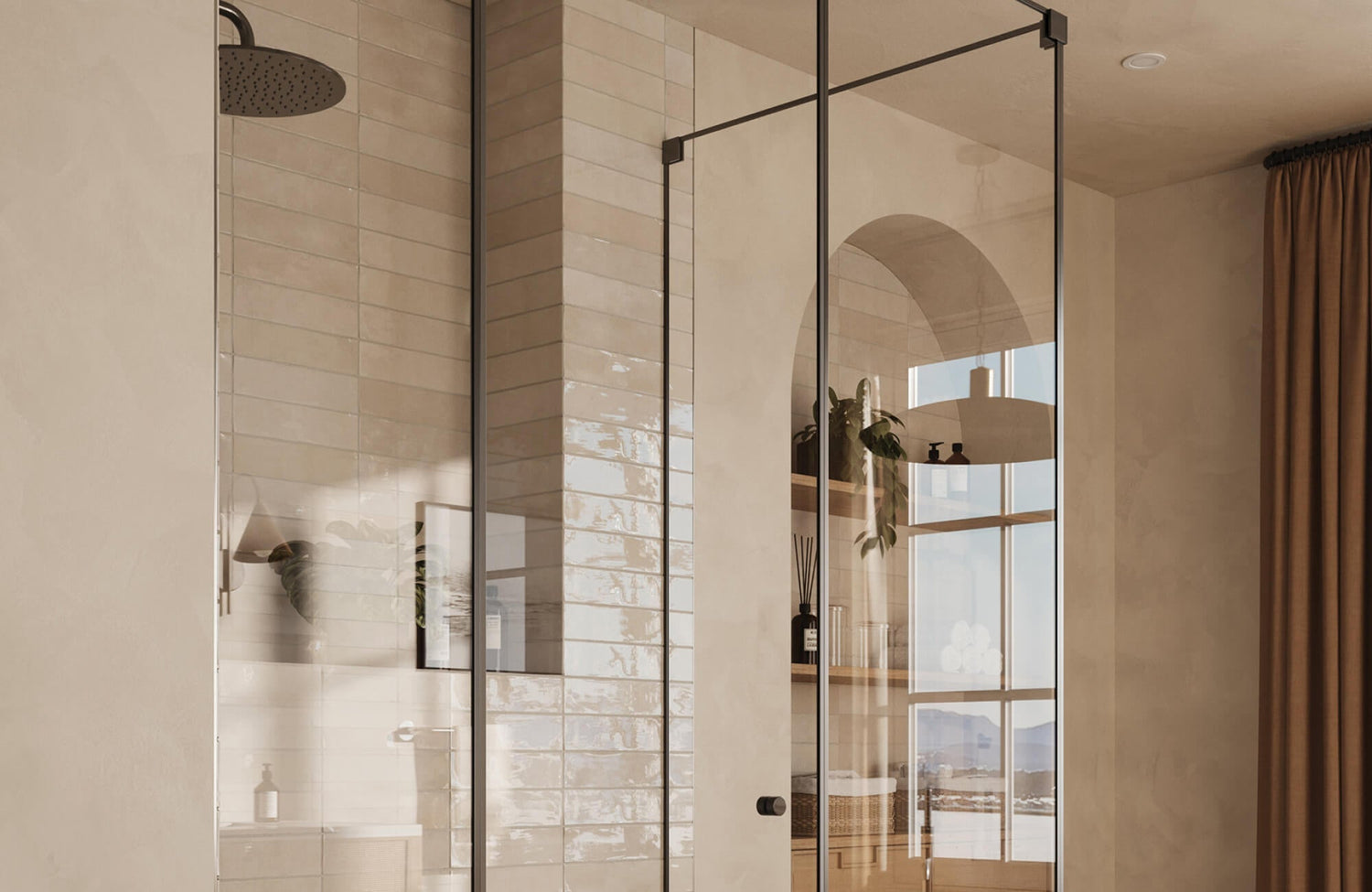 Bathroom shower with glossy beige wall tiles reflecting natural light through a glass enclosure.