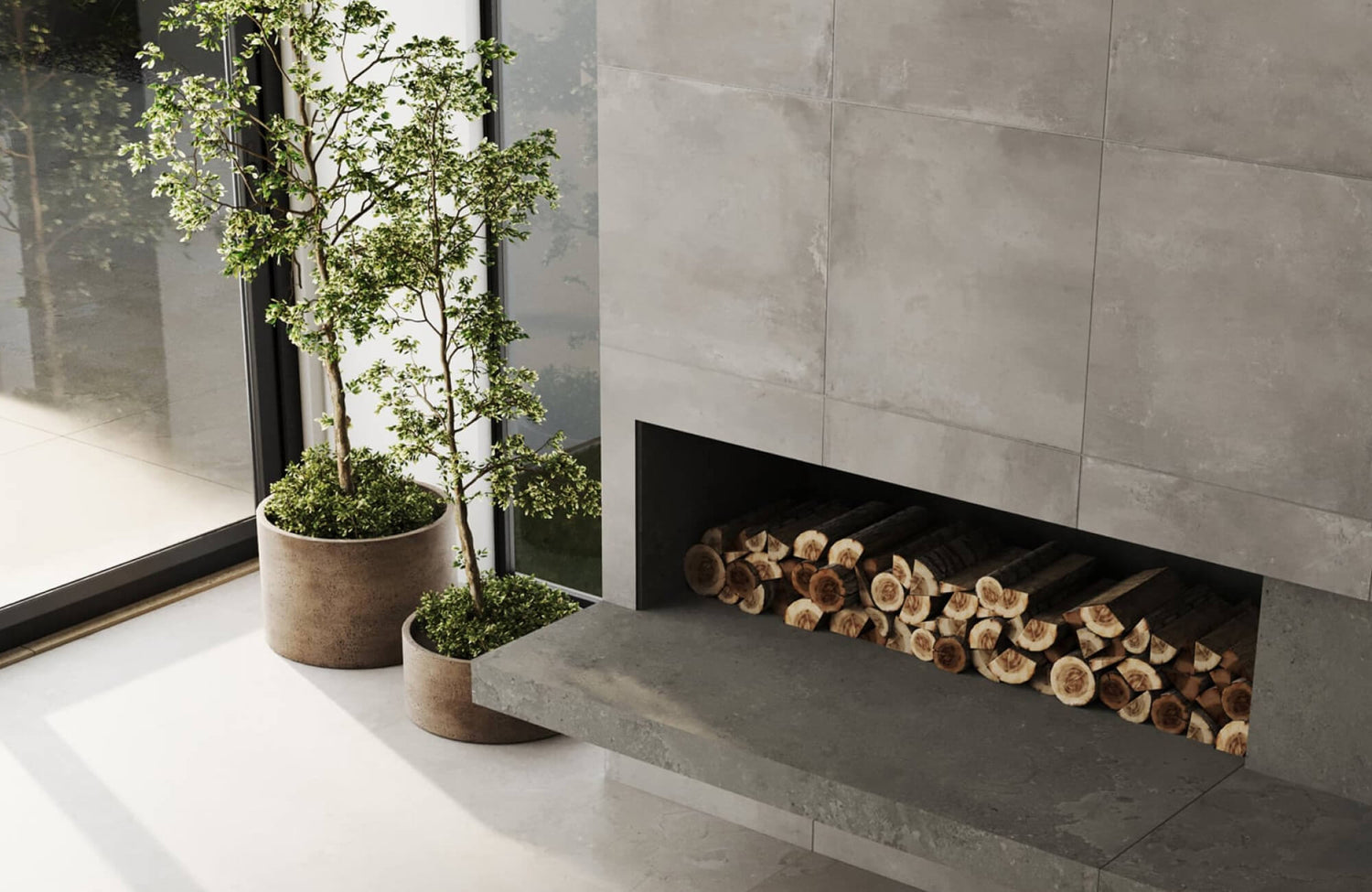Matte gray fireplace tile with a smooth stone-like finish creates a calm, understated focal point beside floor-to-ceiling windows.