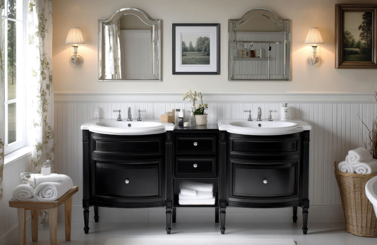 Black double freestanding wood vanity with white sinks, mirrors, and wall sconces in a bright traditional bathroom.