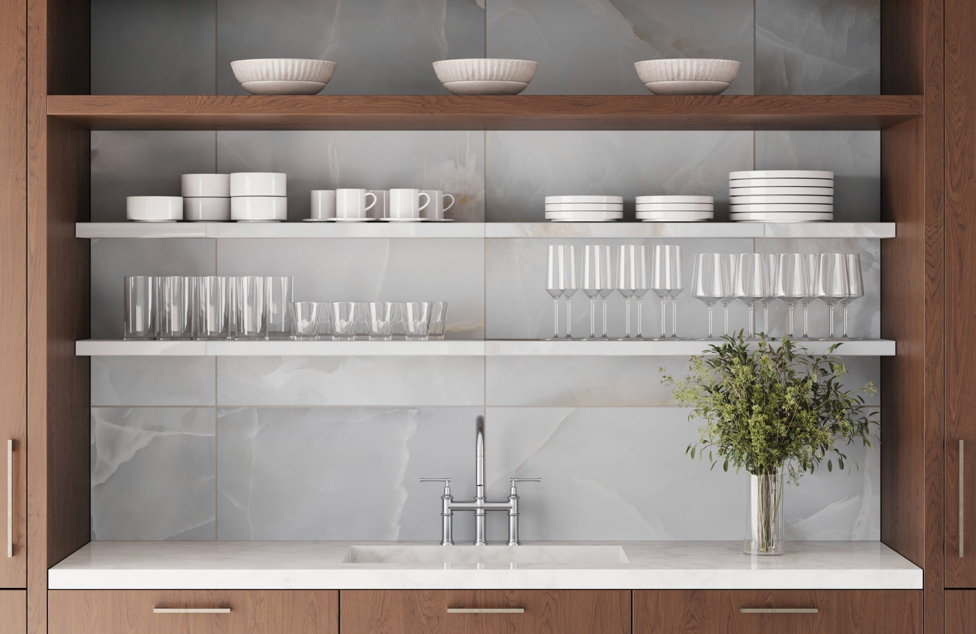 Sleek kitchen with light gray glossy backsplash tiles, open shelving, and minimalist cabinetry.