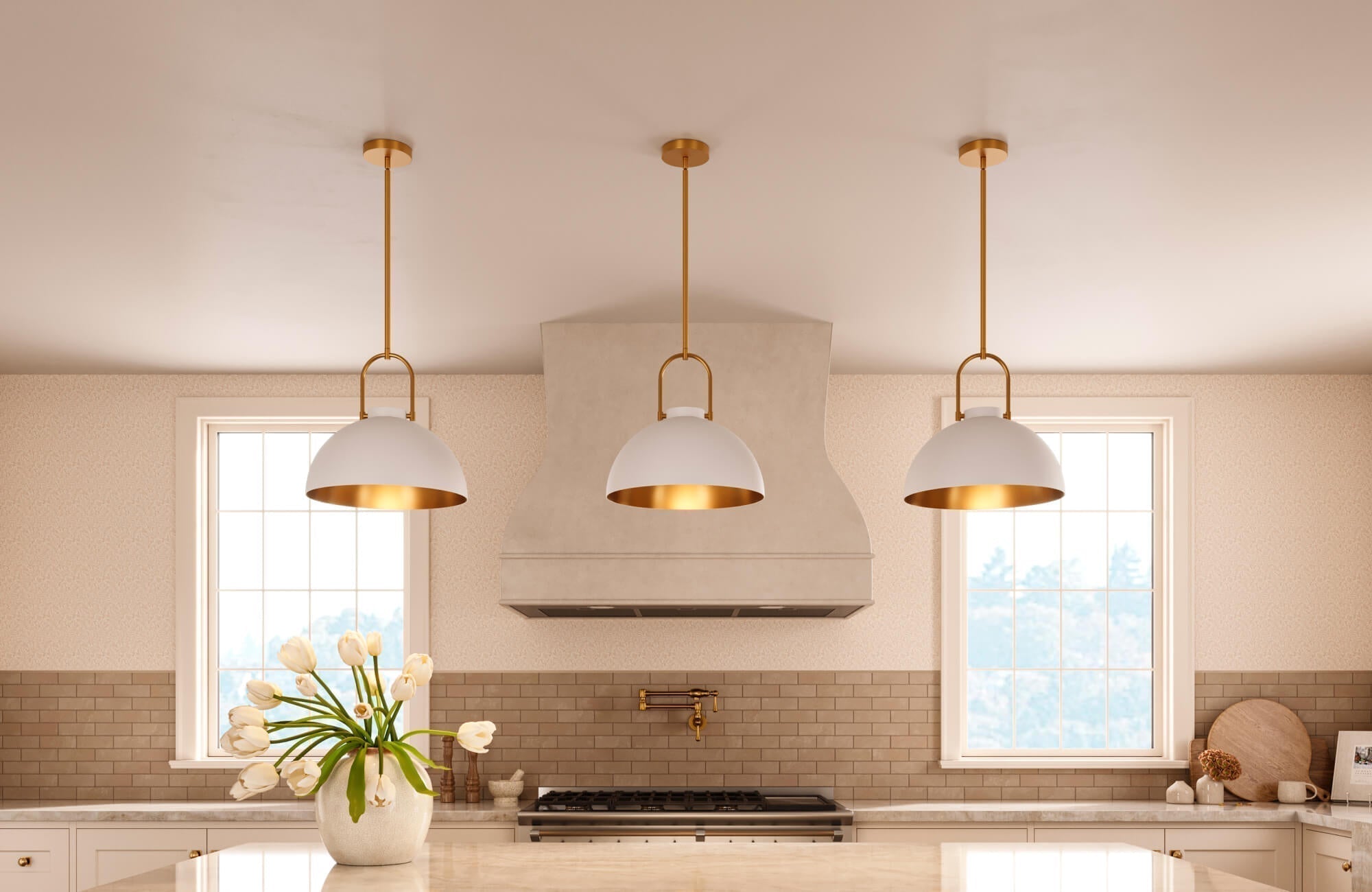 Bright kitchen with light textured wallpaper and soft neutral paint tones creating a balanced look between walls and cabinetry