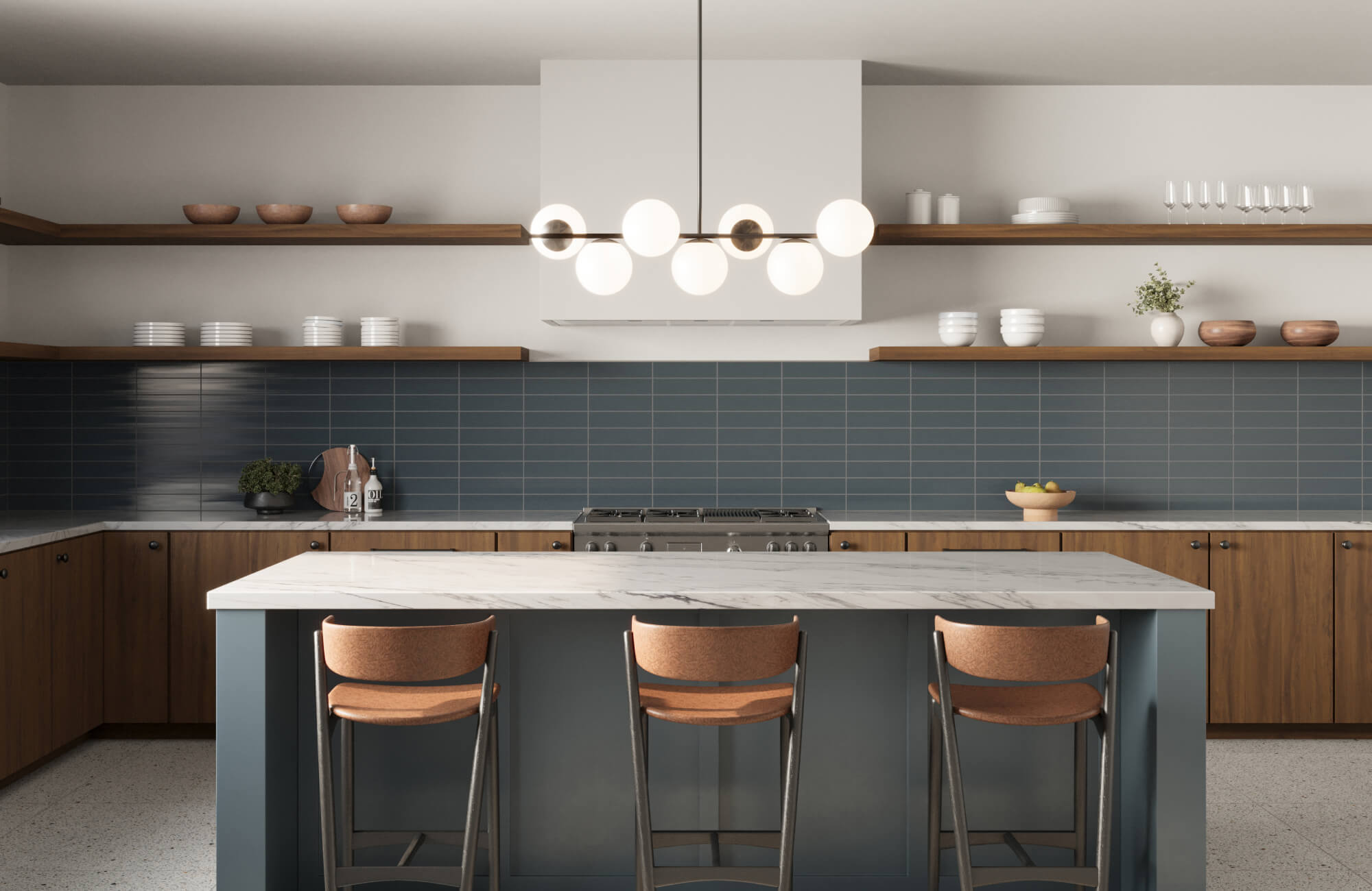 Modern kitchen with horizontal blue tile backsplash, wood cabinetry, and island seating beneath a linear globe pendant light fixture.