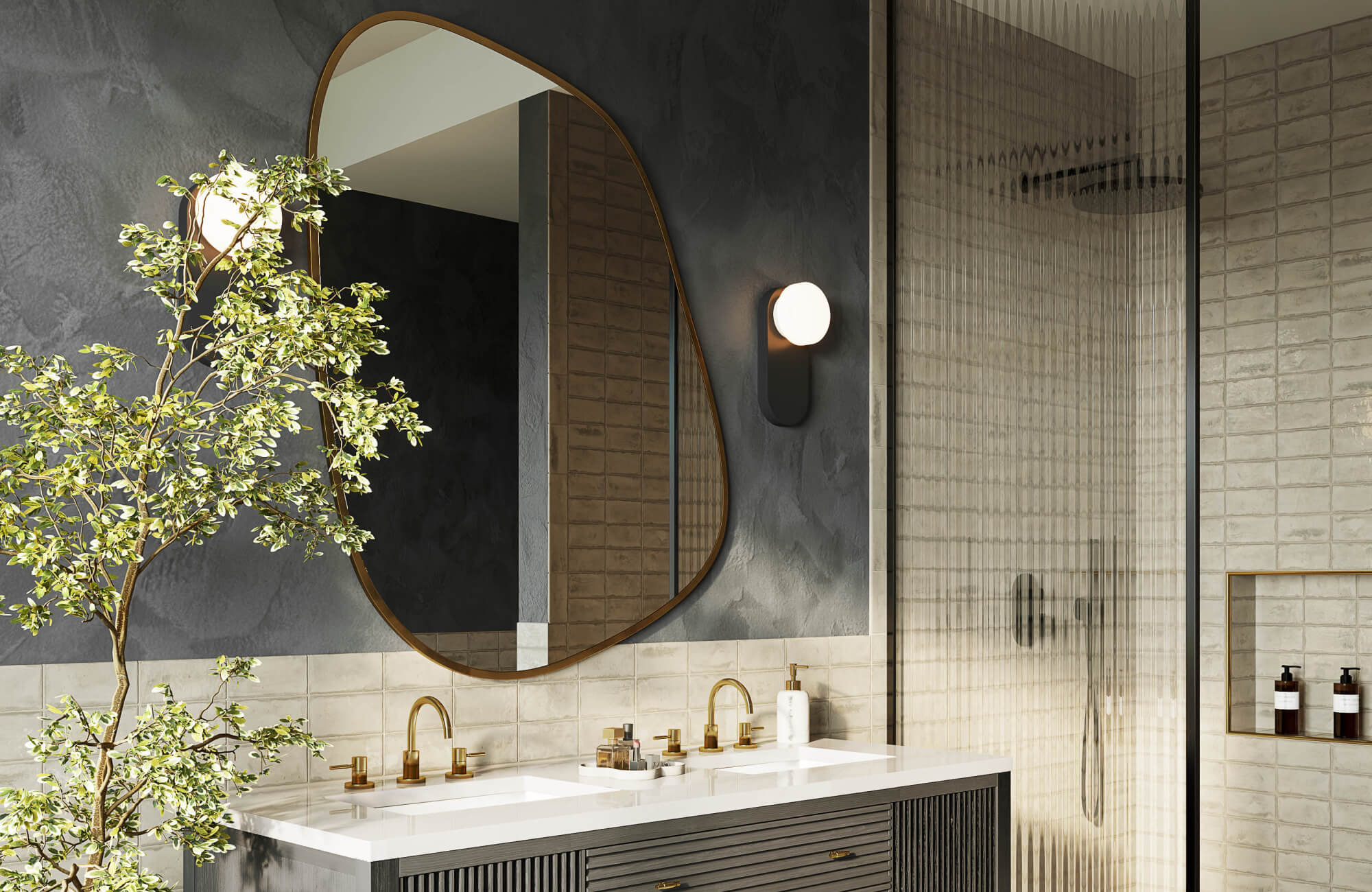 Irregular shaped bathroom mirror above a double vanity, paired with wall lighting to create a balanced focal point and reflective depth.