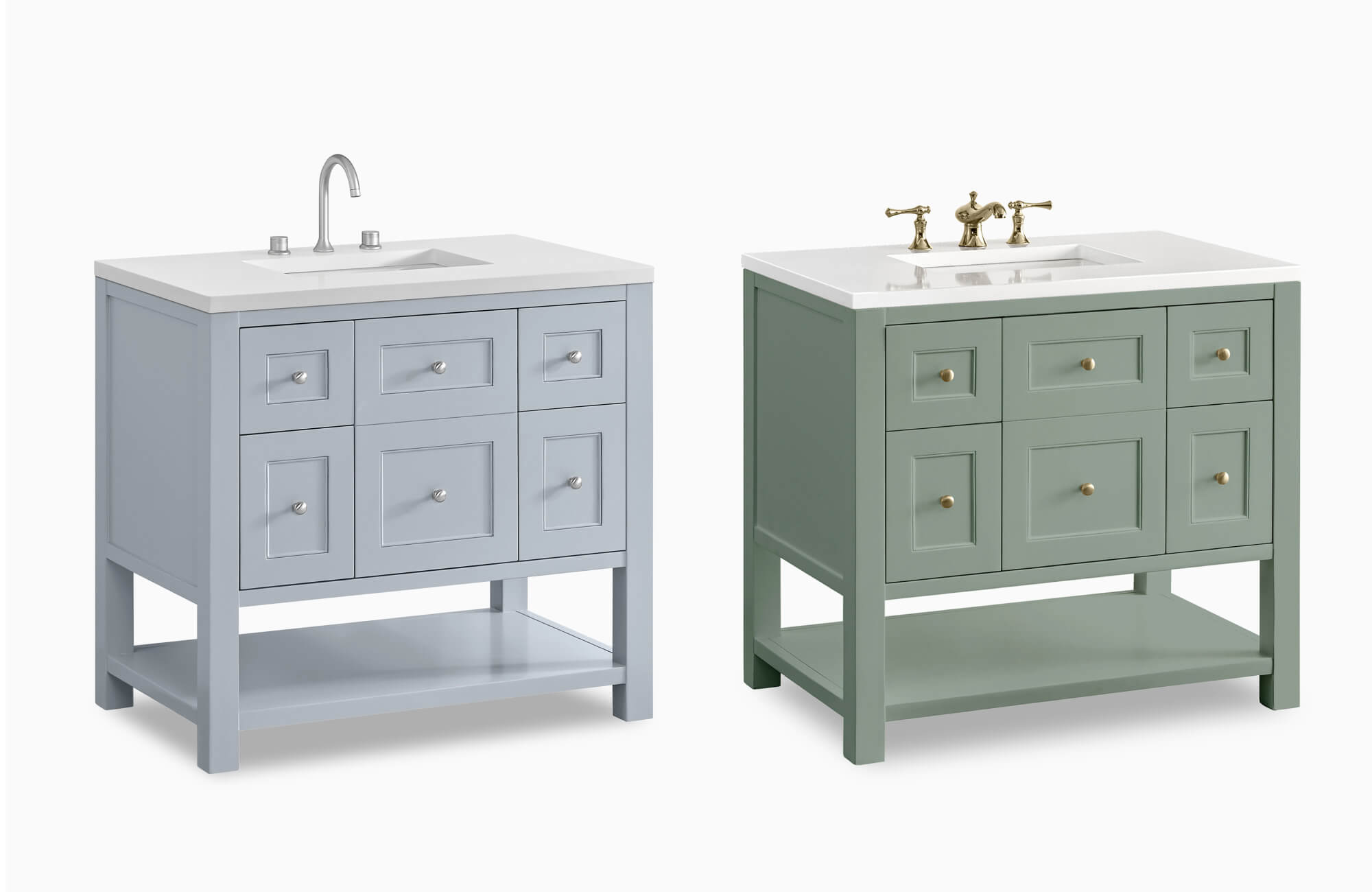 Blue and green single-sink bathroom vanities with white countertops and open bottom shelves, shown side by side on a white background