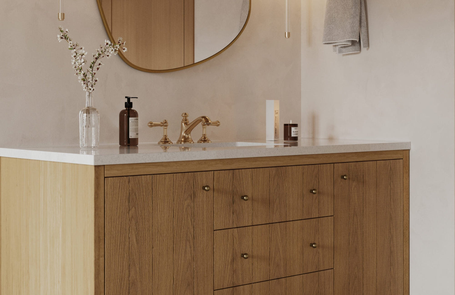 Bathroom with a 60-inch single-sink wood vanity and brass fixtures beside a freestanding tub and soft neutral tile walls.