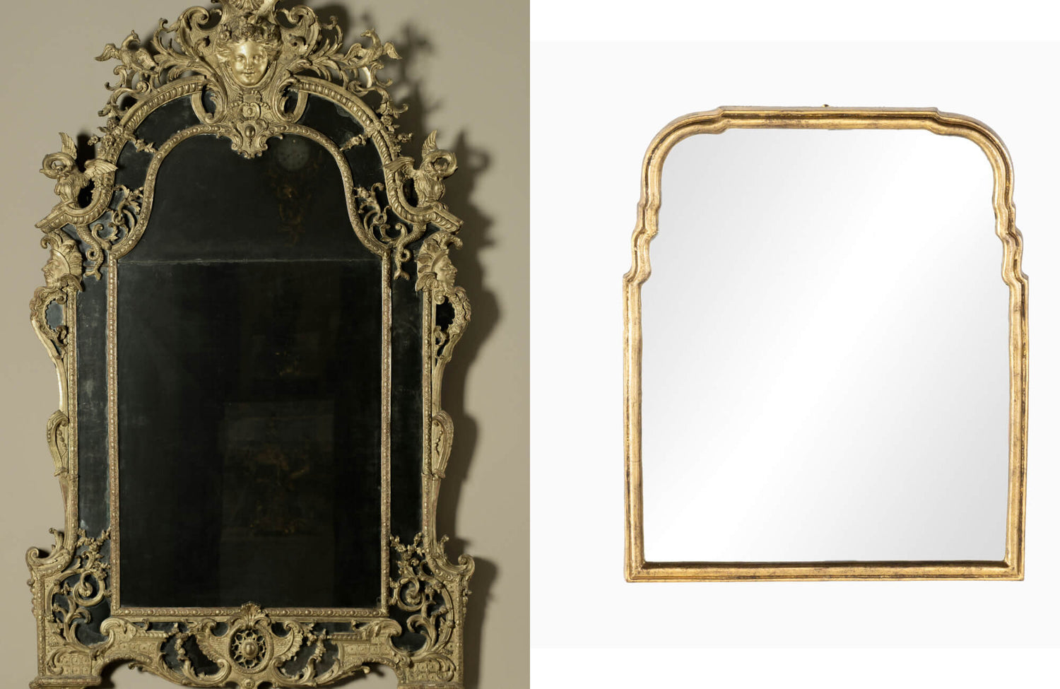 Side-by-side mirrors with gold frames, pairing an ornate baroque design with an antique arched silhouette.
