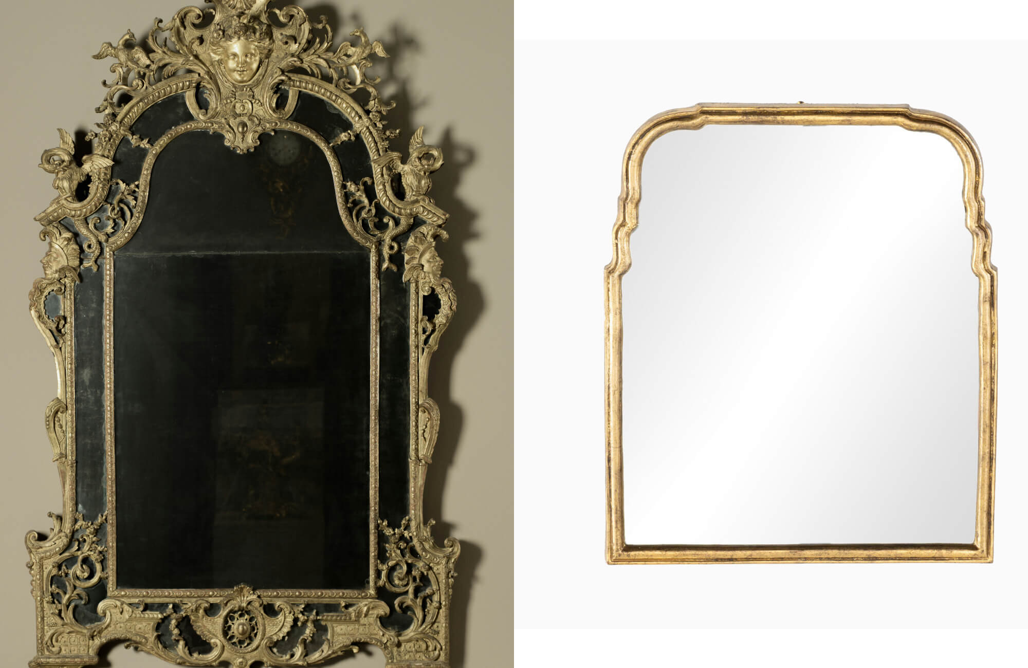 Side-by-side mirrors with gold frames, pairing an ornate baroque design with an antique arched silhouette.