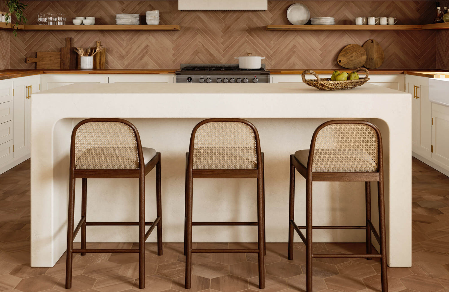 Warm terracotta kitchen tiles span the floor and herringbone backsplash, adding rich texture to this airy, modern space.