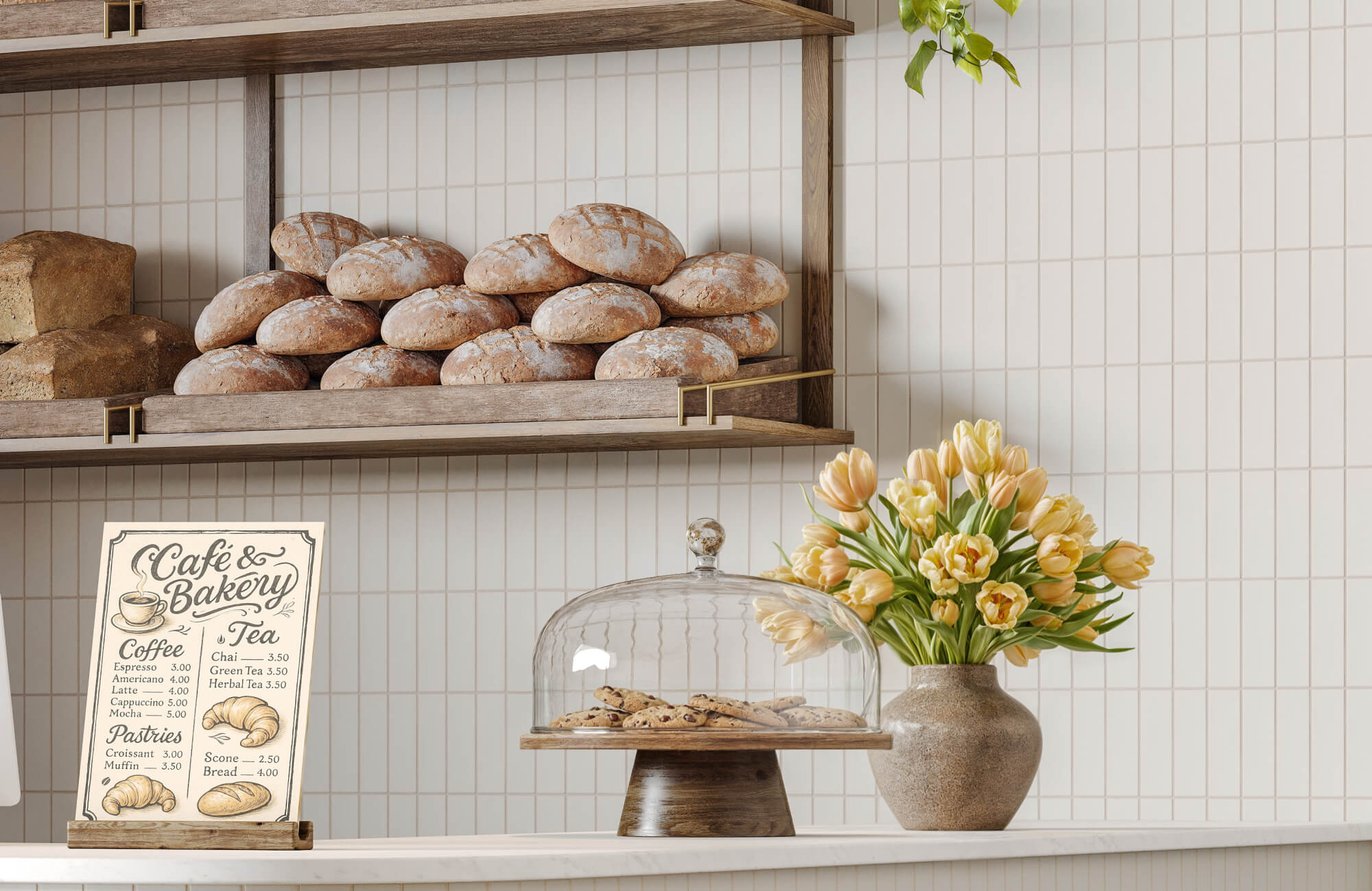 A wall of white subway tiles brings subtle character to the bakery interior, where gently varied edges complement the rustic bread display and wood shelving.