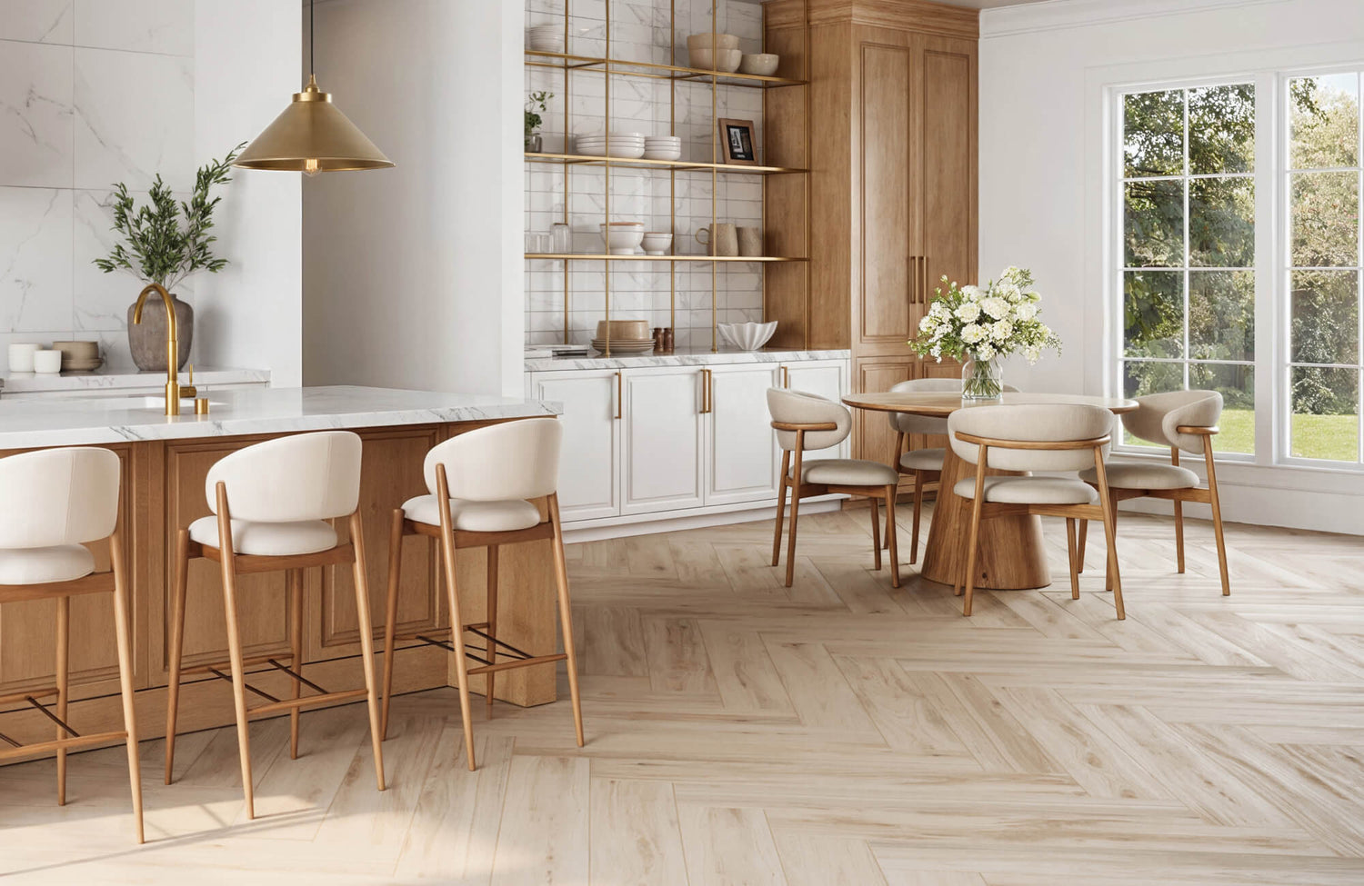 Bright kitchen with warm wood cabinetry, marble countertops, brass accents, and herringbone wood look flooring.