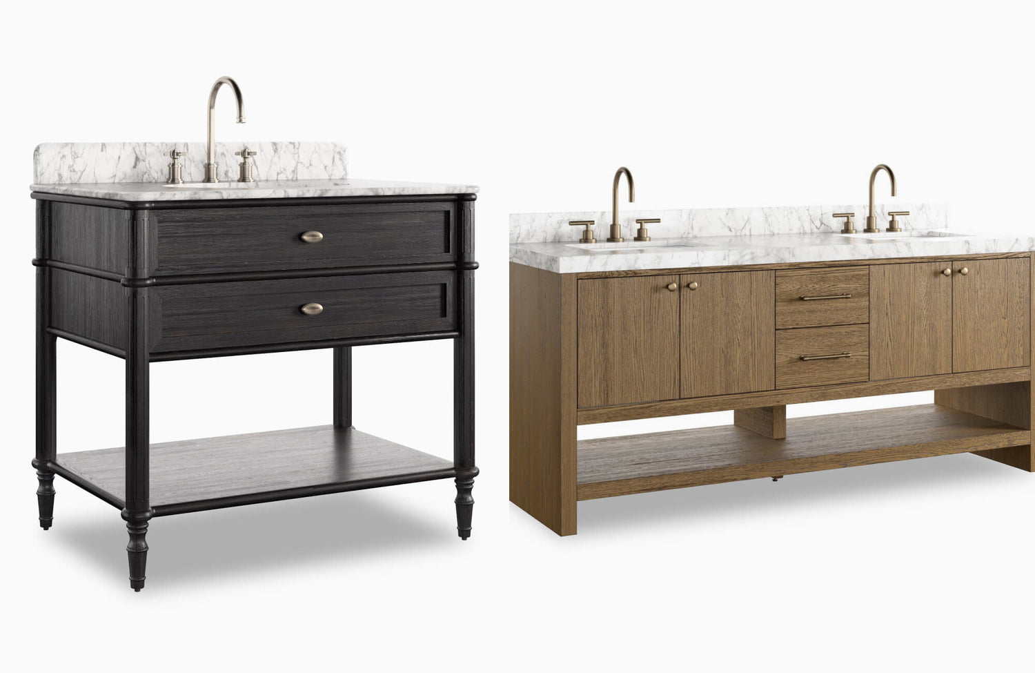 Side-by-side view of a single sink vanity in dark oak with turned legs and a double sink vanity in light brown wood, both topped with white marble countertops and brass fixtures.
