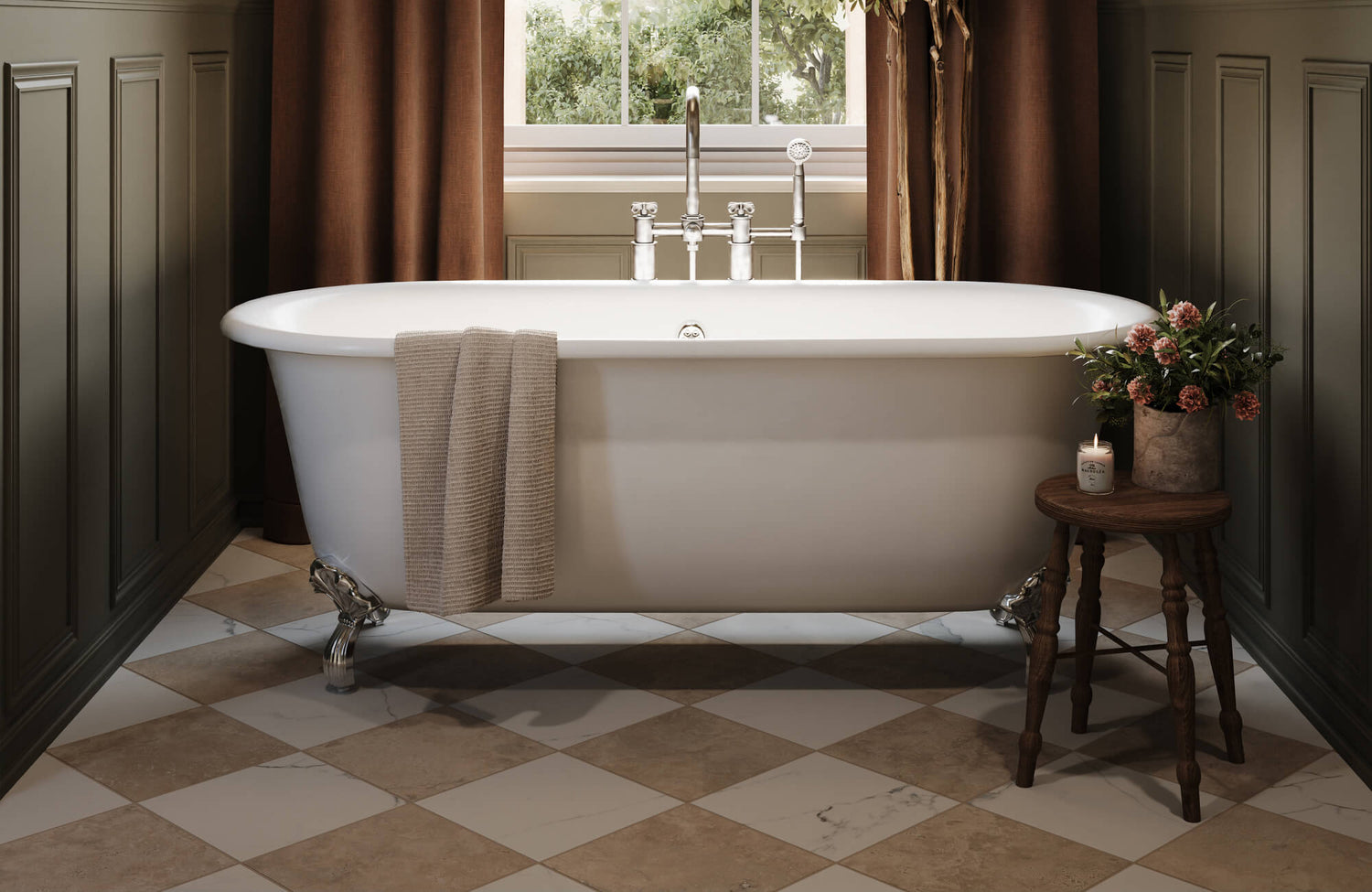 Elegant bathroom showcasing a freestanding clawfoot tub set against olive-paneled walls, complemented by a checkerboard-patterned floor of beige and white tiles that adds timeless charm and classic warmth to the space.