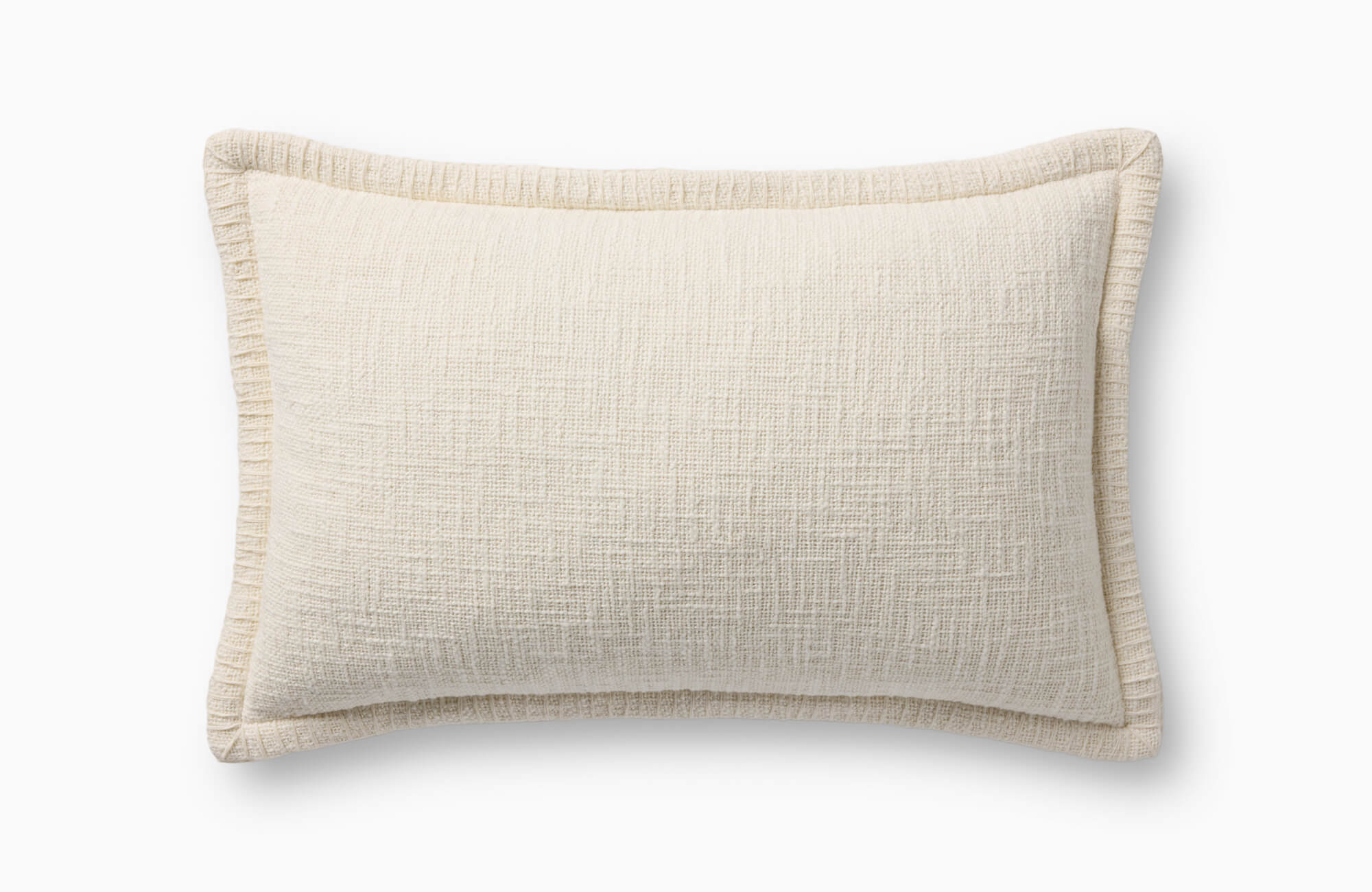 Cream rectangular throw pillow with textured woven fabric and raised border trim on a white background.