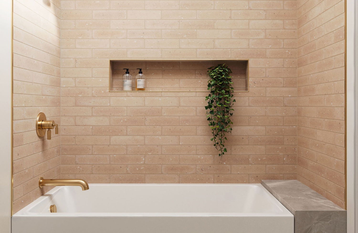 A horizontal stacked pattern of warm beige subway tiles wraps the shower walls, with a niche and tub surround completing the space.