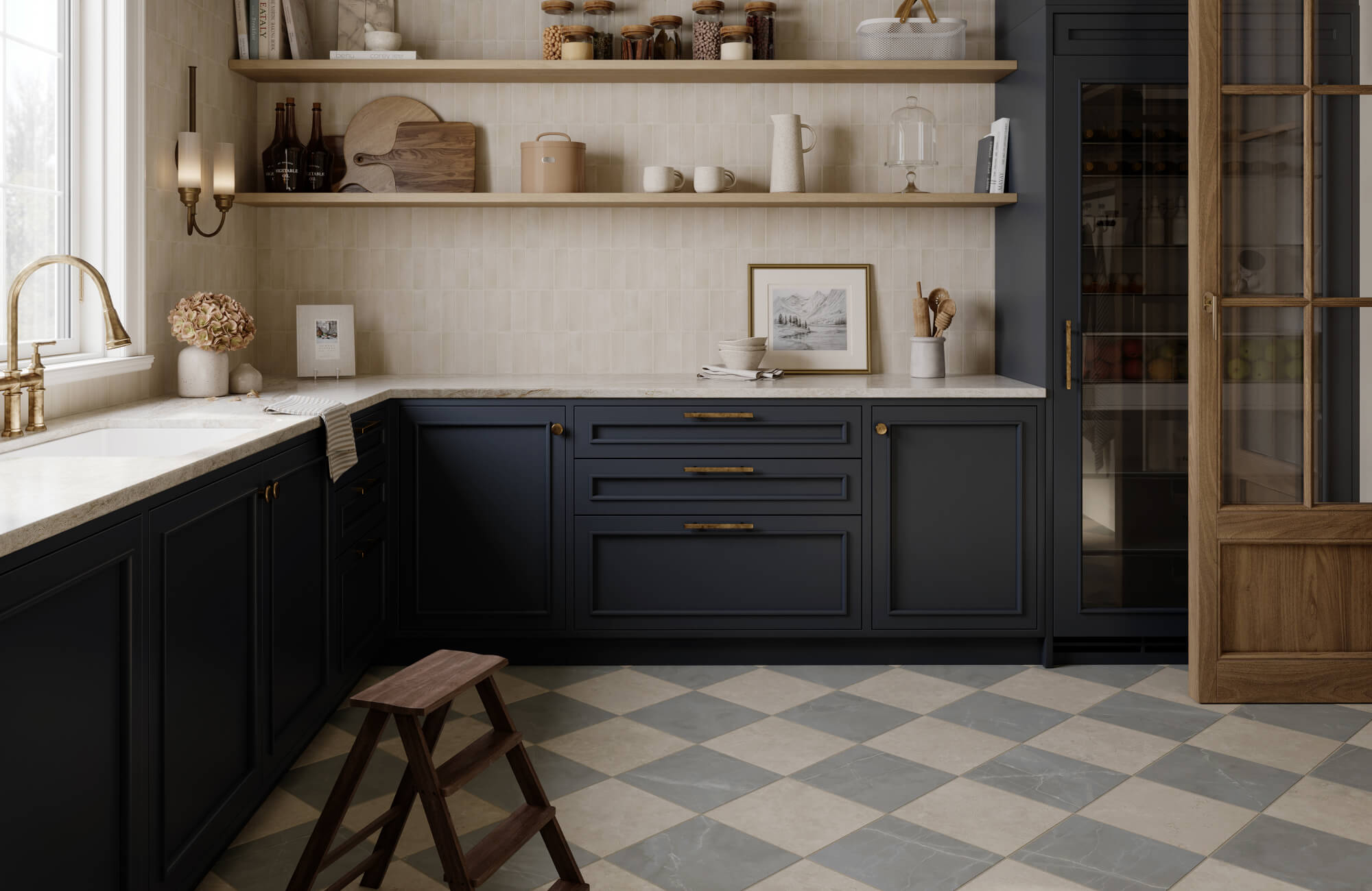 Elegant kitchen with navy cabinetry and checkerboard marble look porcelain tile floor in soft grey and cream tones.
