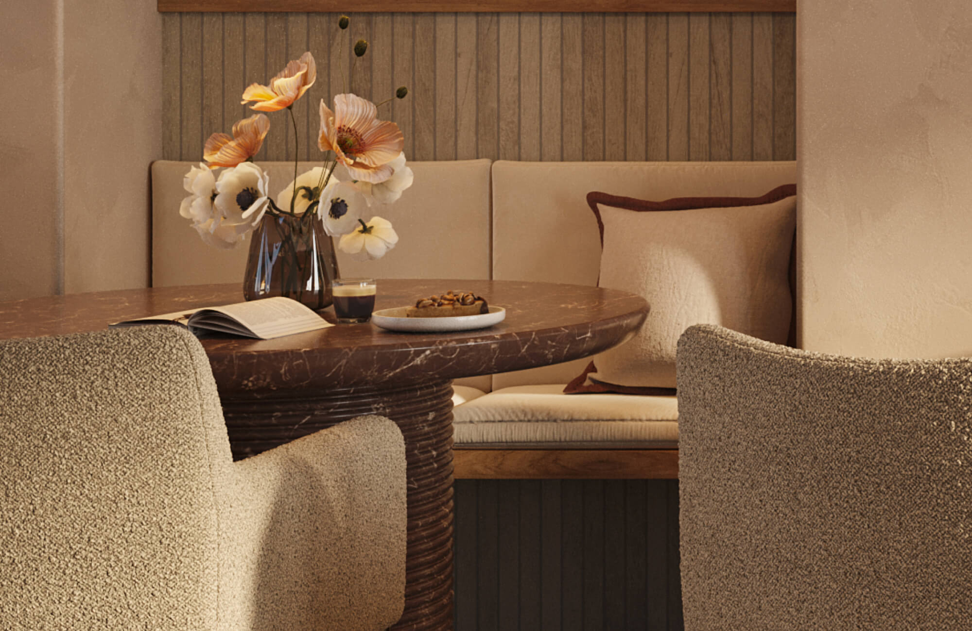 Cozy dining nook with upholstered seating and 18x18 decorative pillows in neutral tones, styled with a marble table, textured chairs, and a vase of soft florals for a warm, inviting atmosphere.