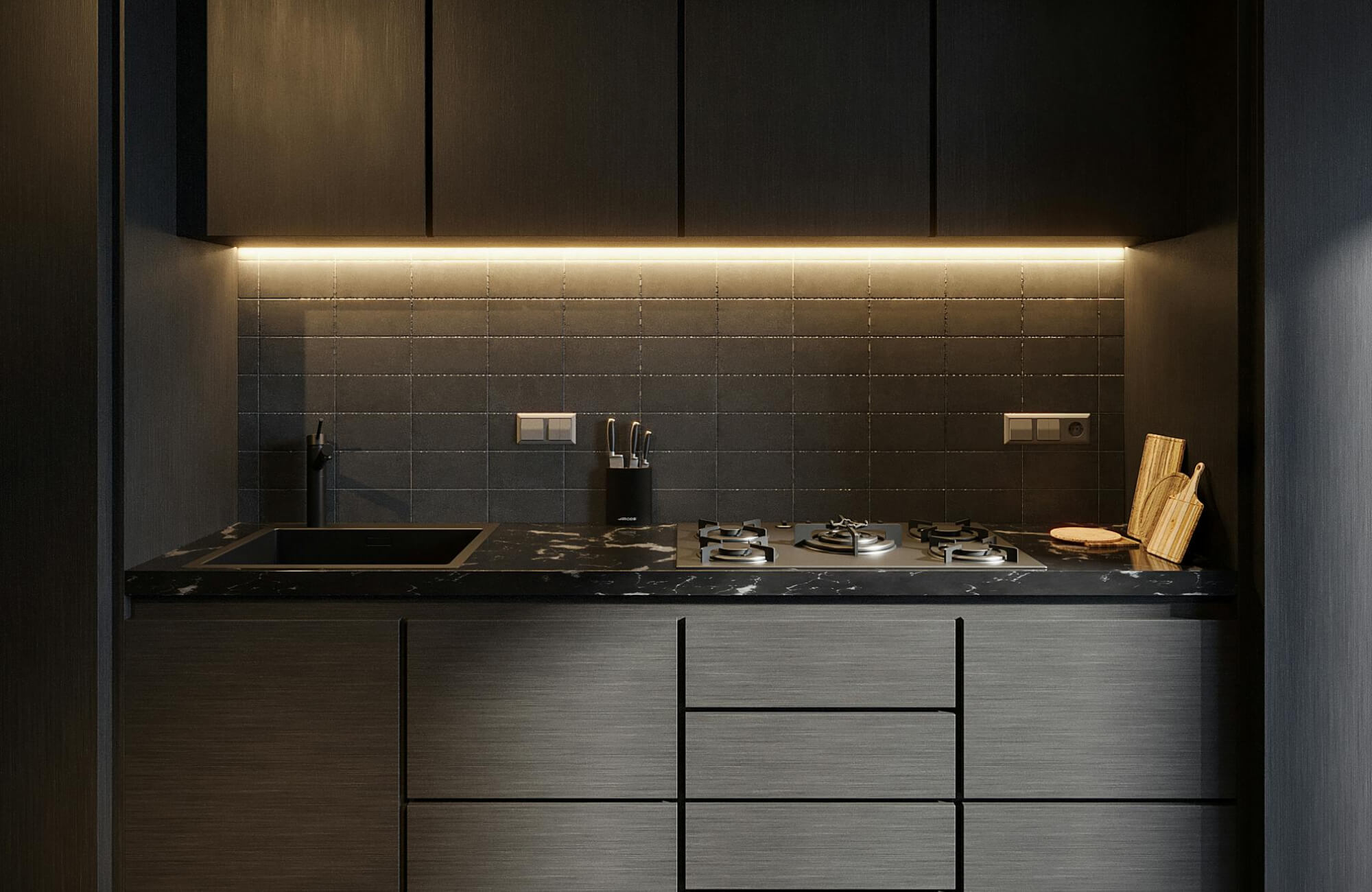 Modern kitchen with matte black subway tile backsplash, elevated by warm under-cabinet lighting for a sleek and sophisticated look.